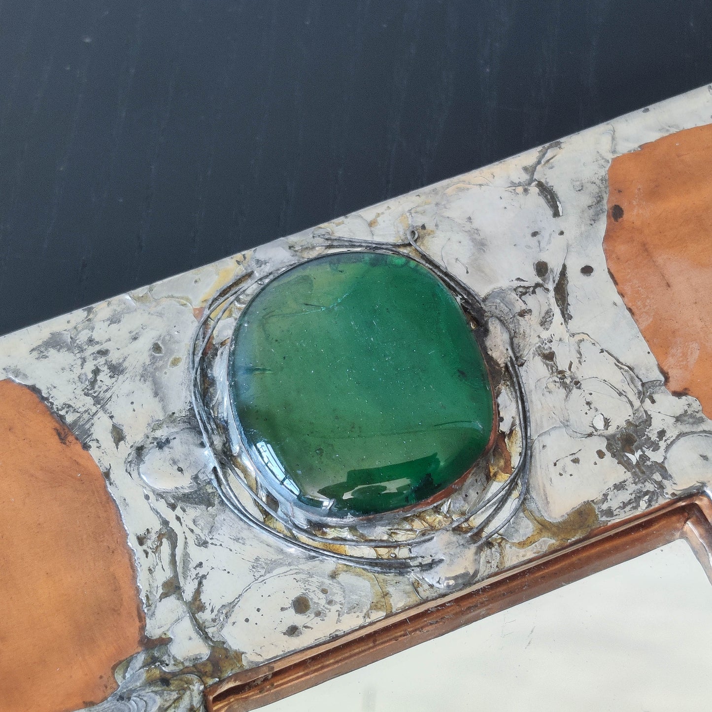 Vintage Arts & Crafts style metalwork welded copper mirror with Ruskin cabochon