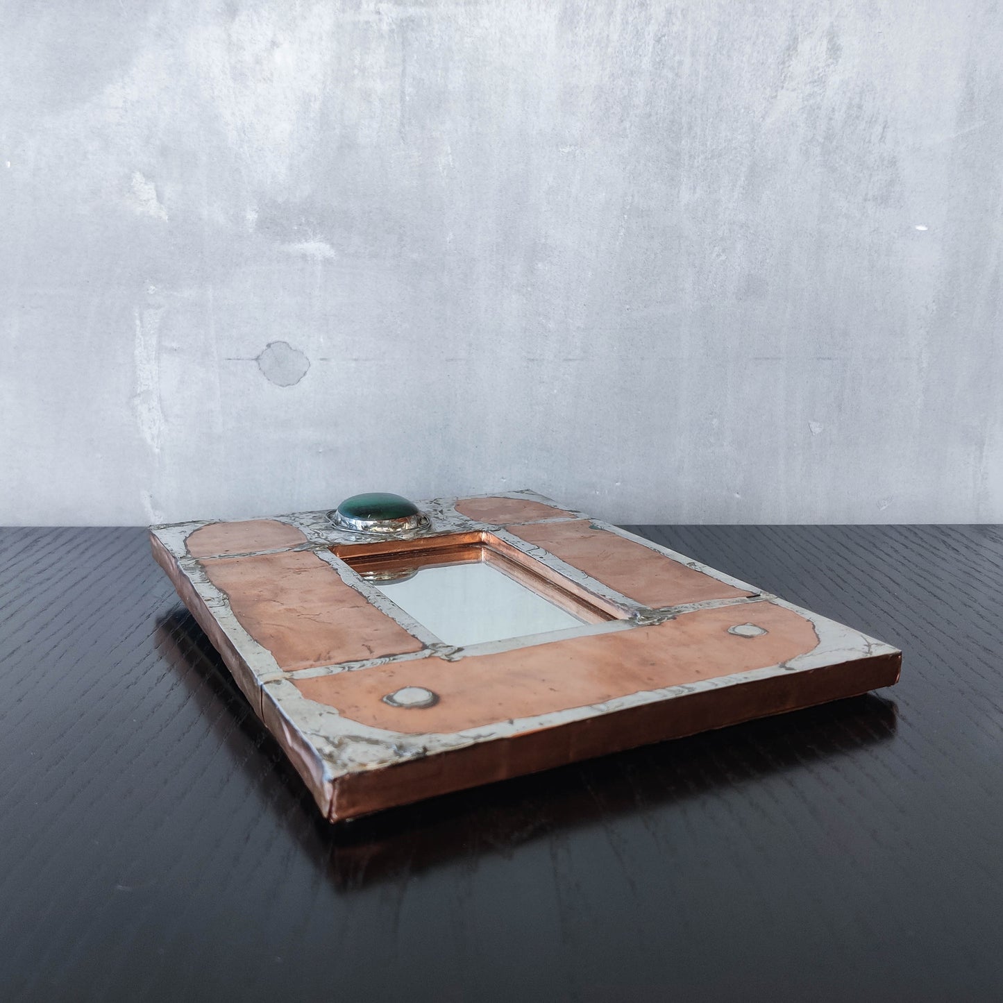 Vintage Arts & Crafts style metalwork welded copper mirror with Ruskin cabochon