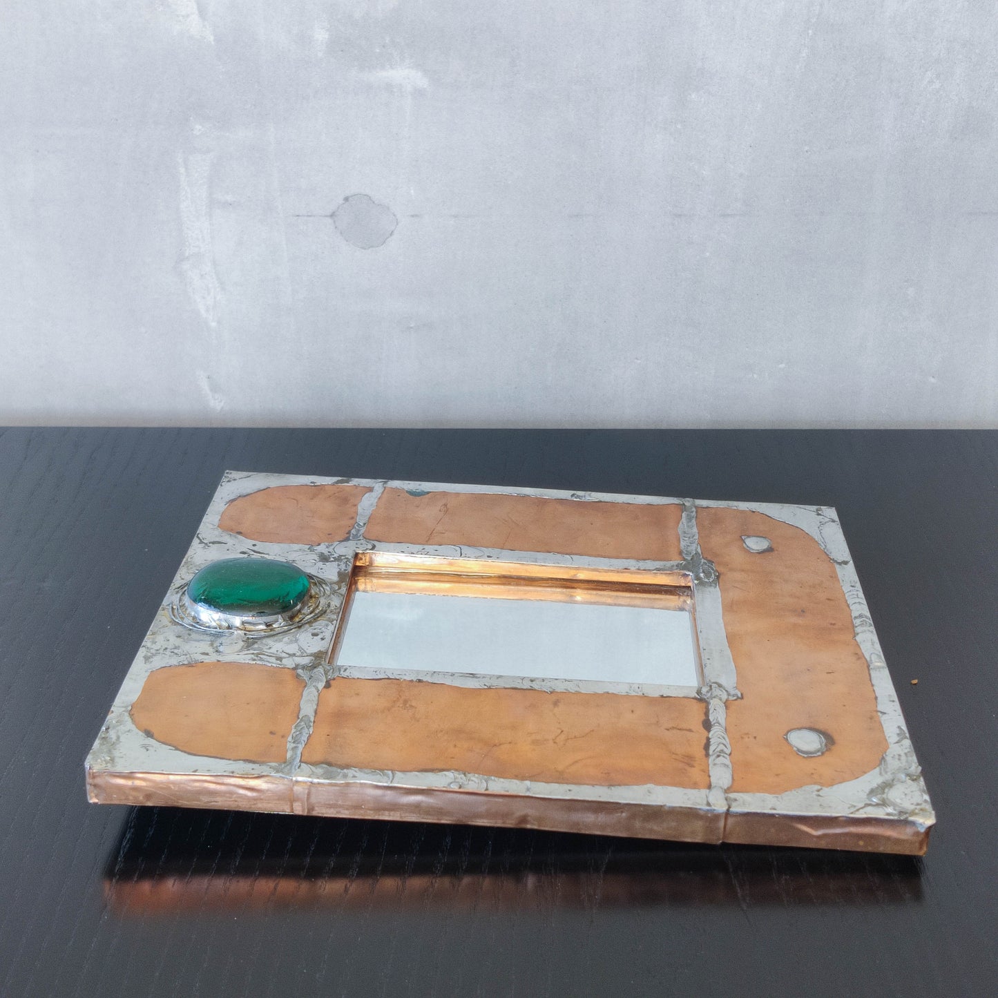 Vintage Arts & Crafts style metalwork welded copper mirror with Ruskin cabochon