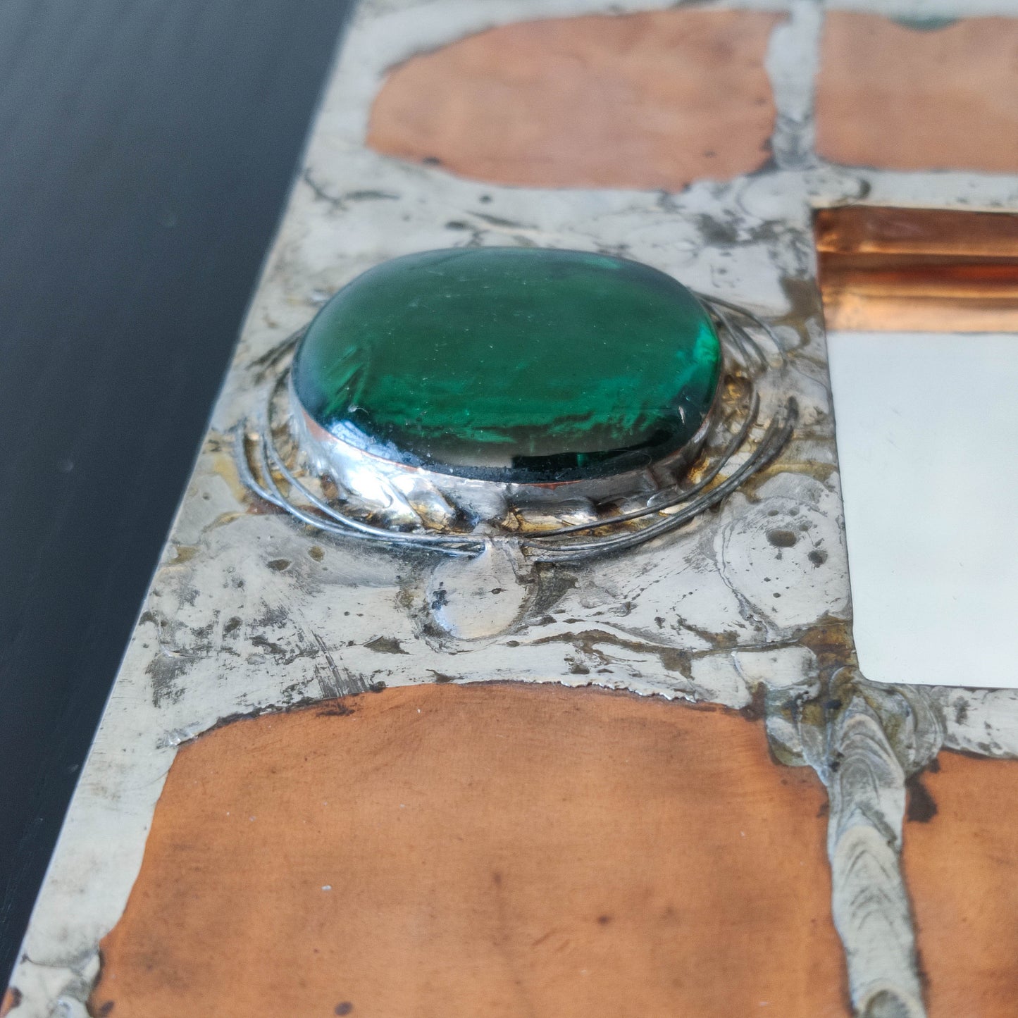 Vintage Arts & Crafts style metalwork welded copper mirror with Ruskin cabochon