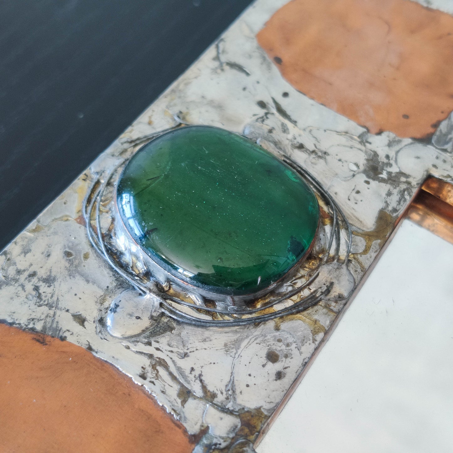 Vintage Arts & Crafts style metalwork welded copper mirror with Ruskin cabochon