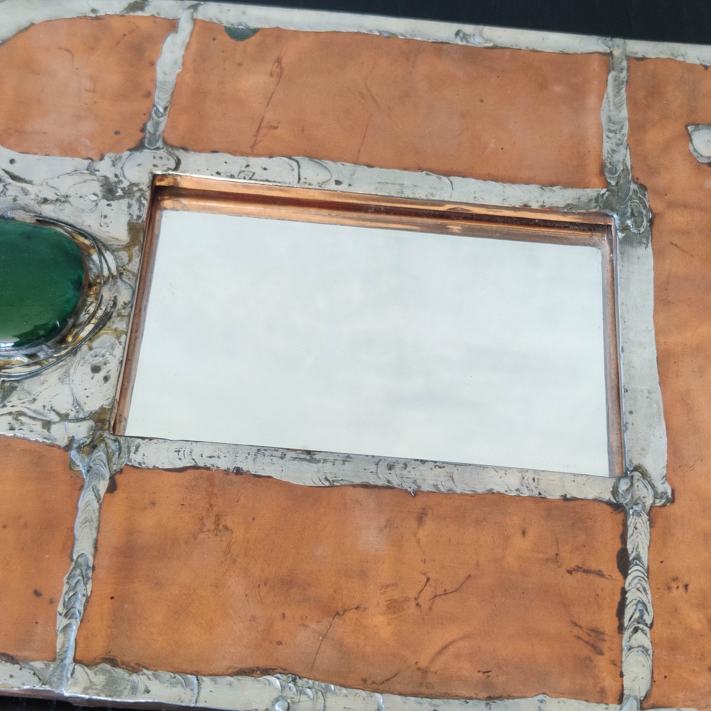 Vintage Arts & Crafts style metalwork welded copper mirror with Ruskin cabochon