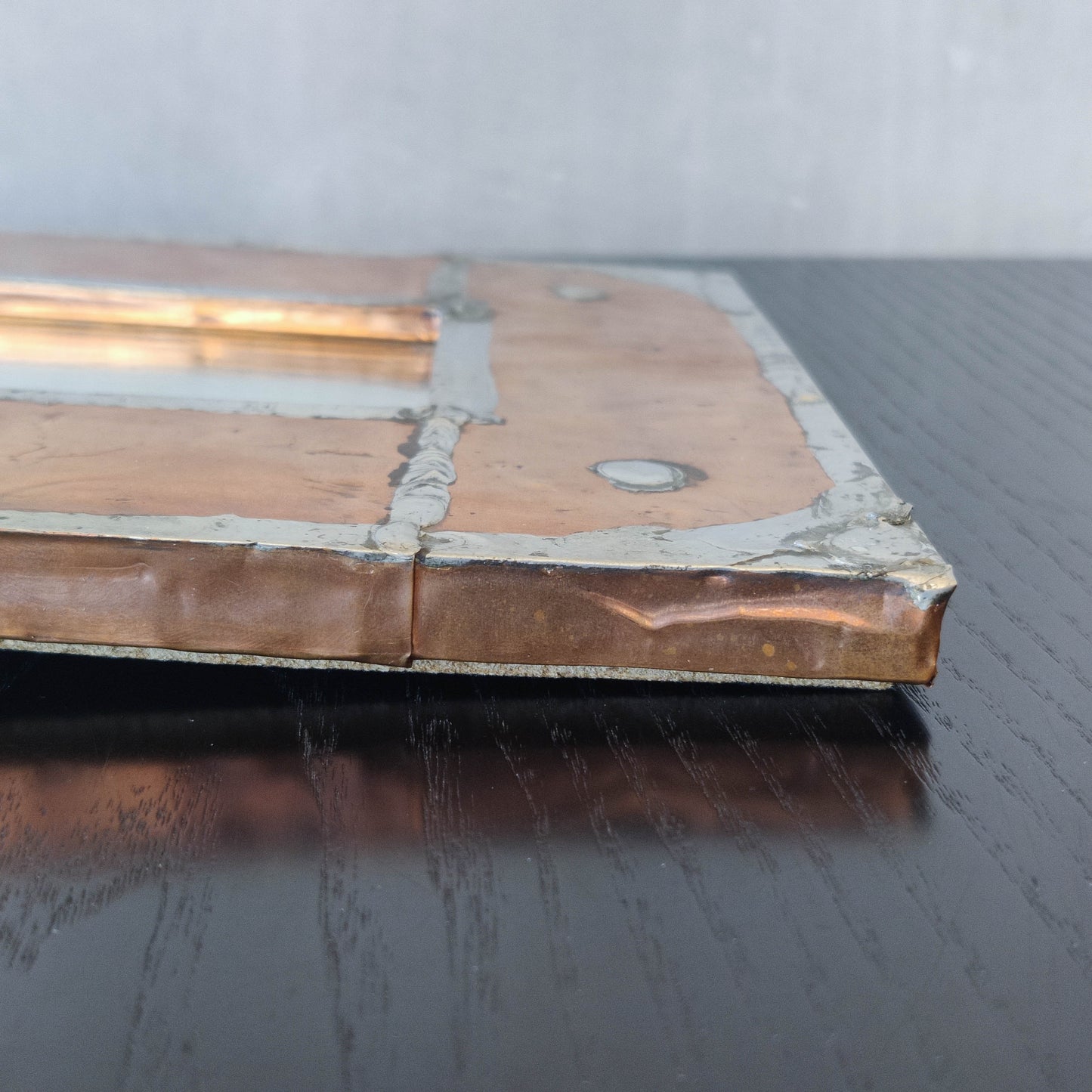 Vintage Arts & Crafts style metalwork welded copper mirror with Ruskin cabochon