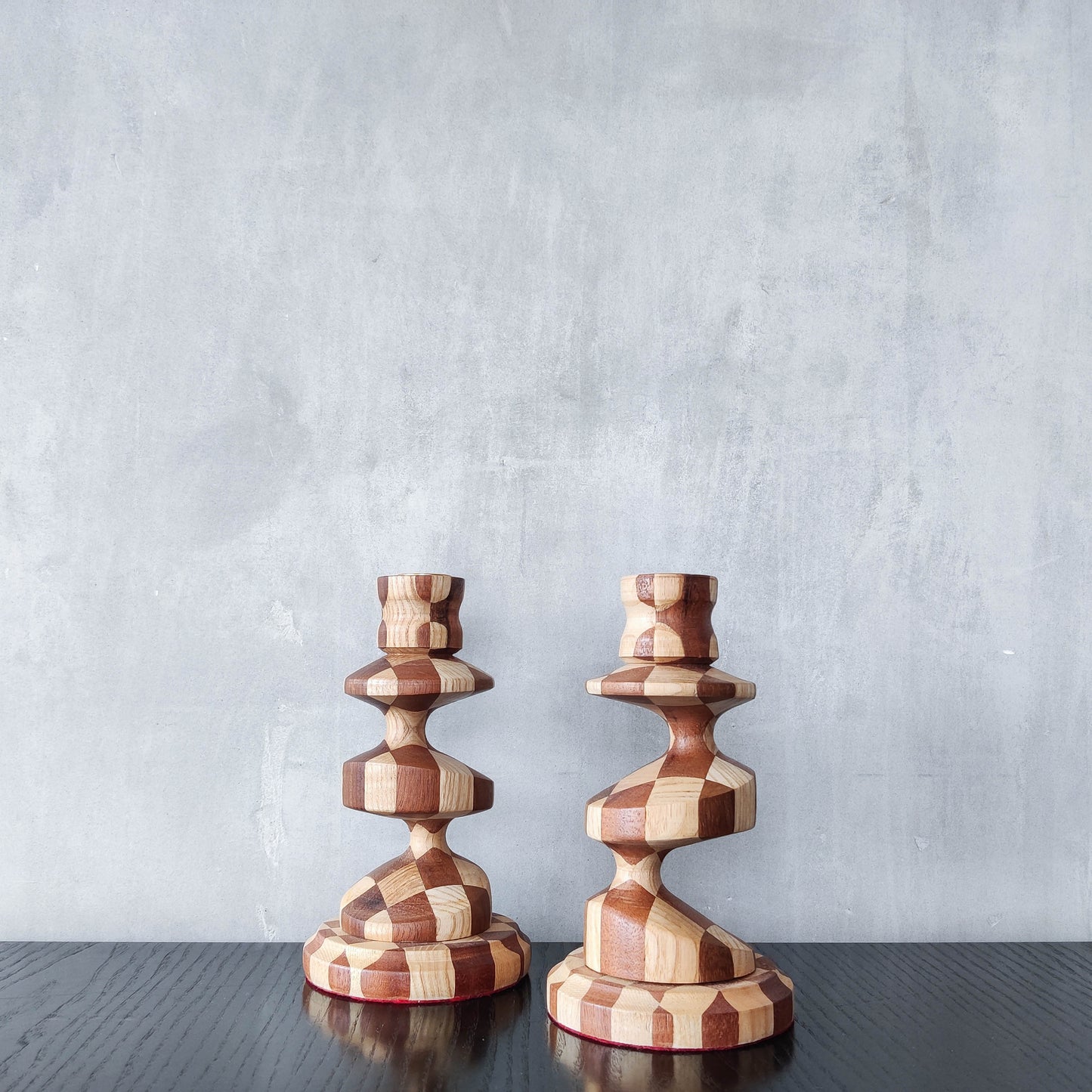 Vintage lathe turned artisan made checkered offset hardwood wood candle holders
