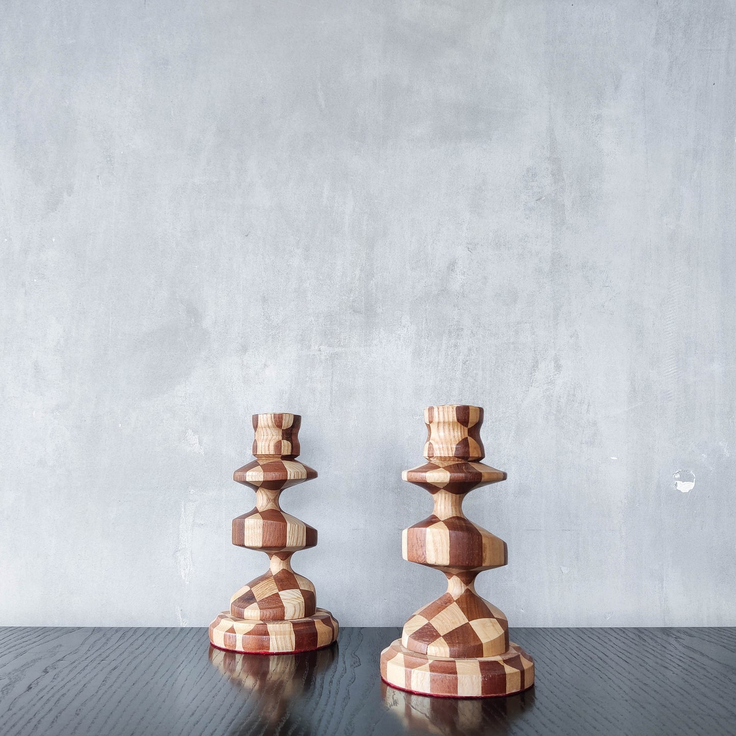 Vintage lathe turned artisan made checkered offset hardwood wood candle holders