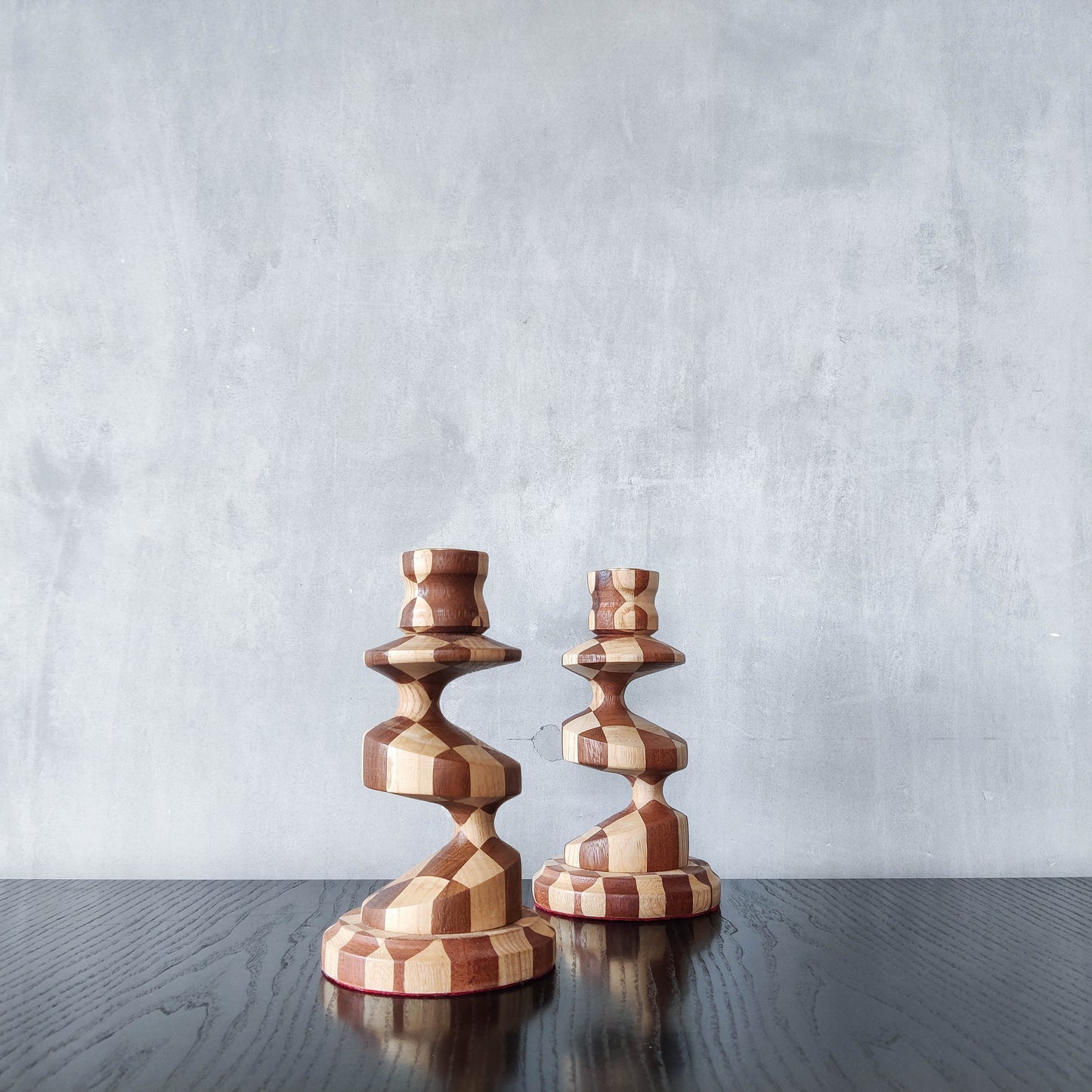 Vintage lathe turned artisan made checkered offset hardwood wood candle holders