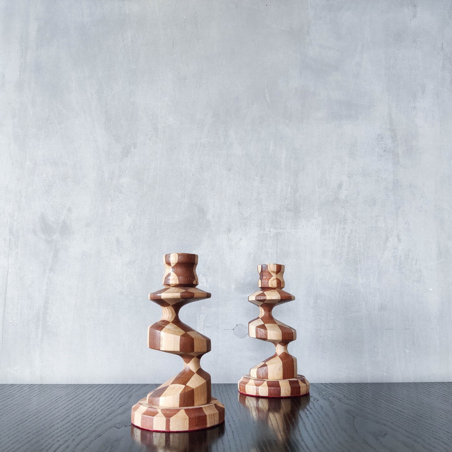 Vintage lathe turned artisan made checkered offset hardwood wood candle holders