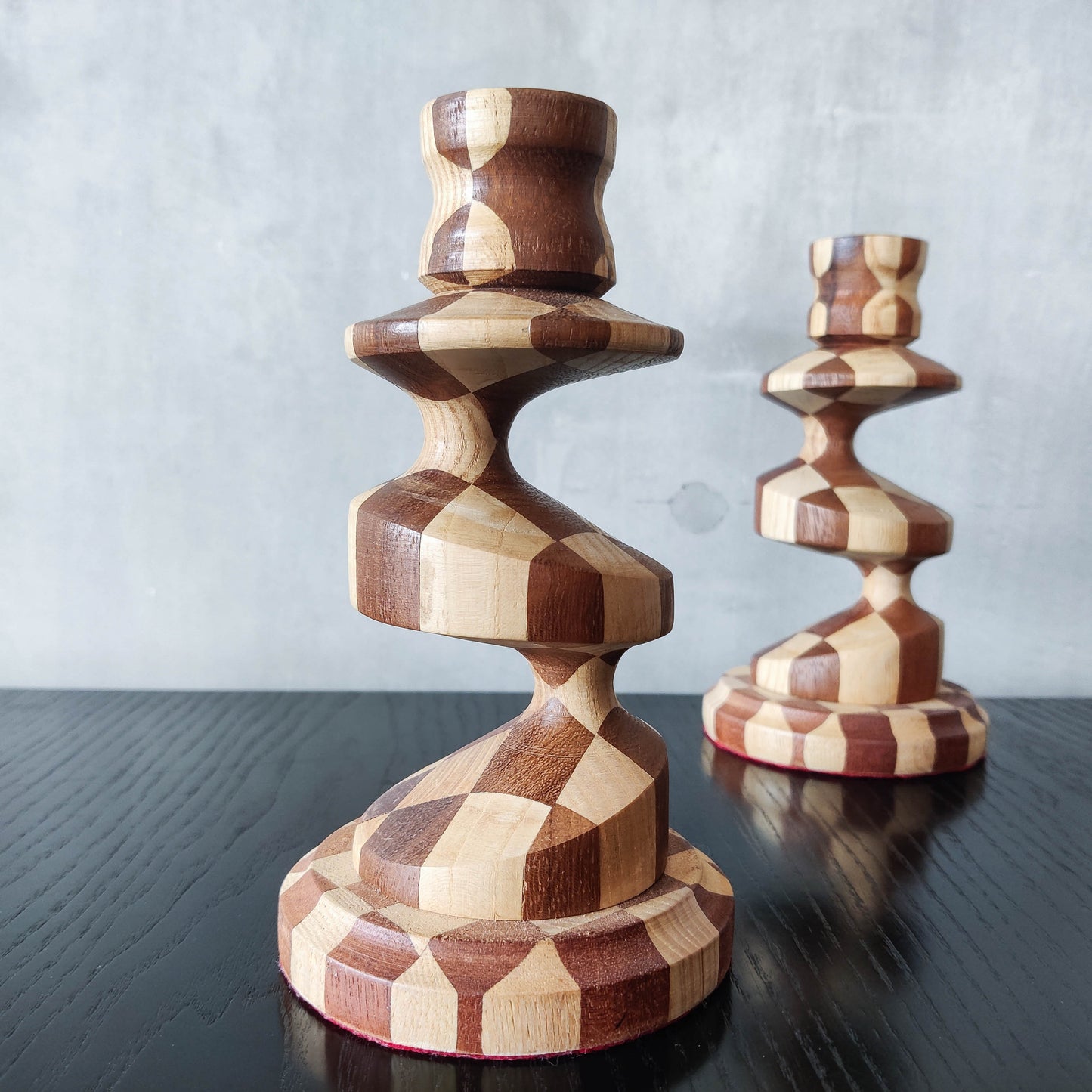 Vintage lathe turned artisan made checkered offset hardwood wood candle holders