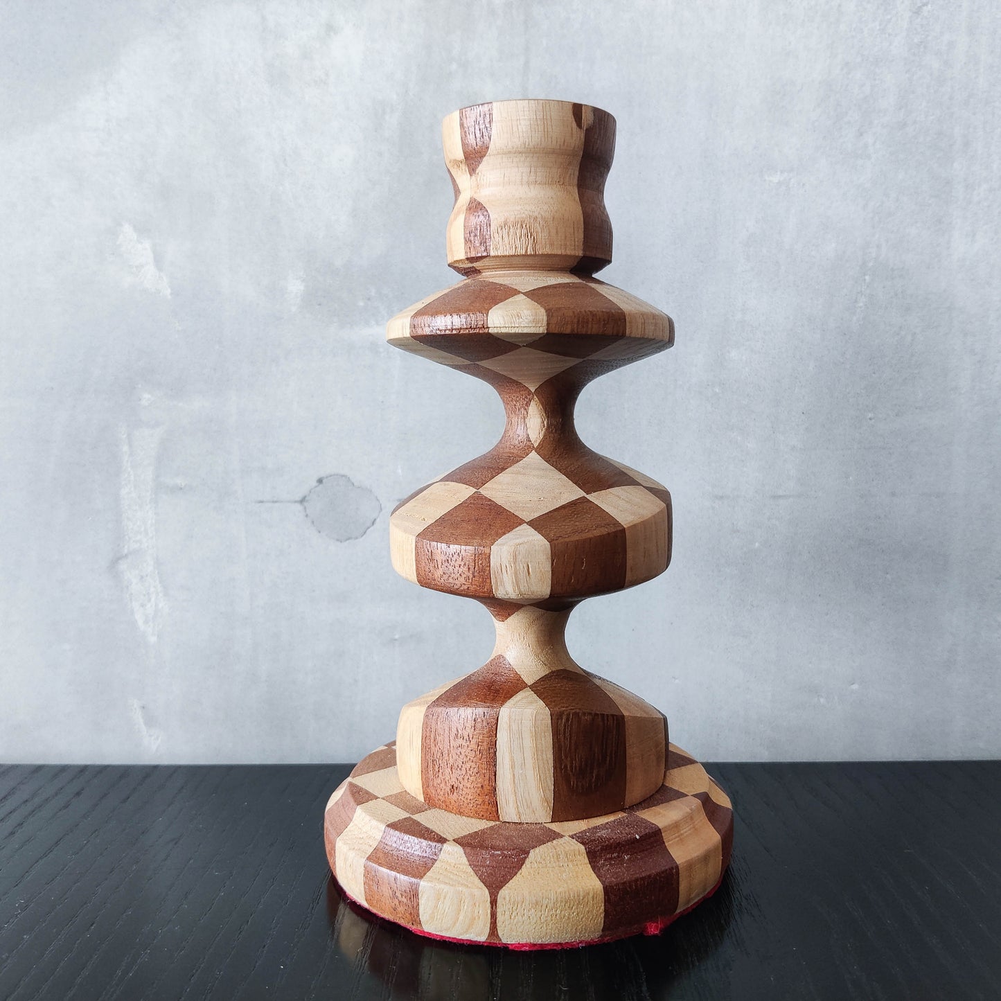 Vintage lathe turned artisan made checkered offset hardwood wood candle holders