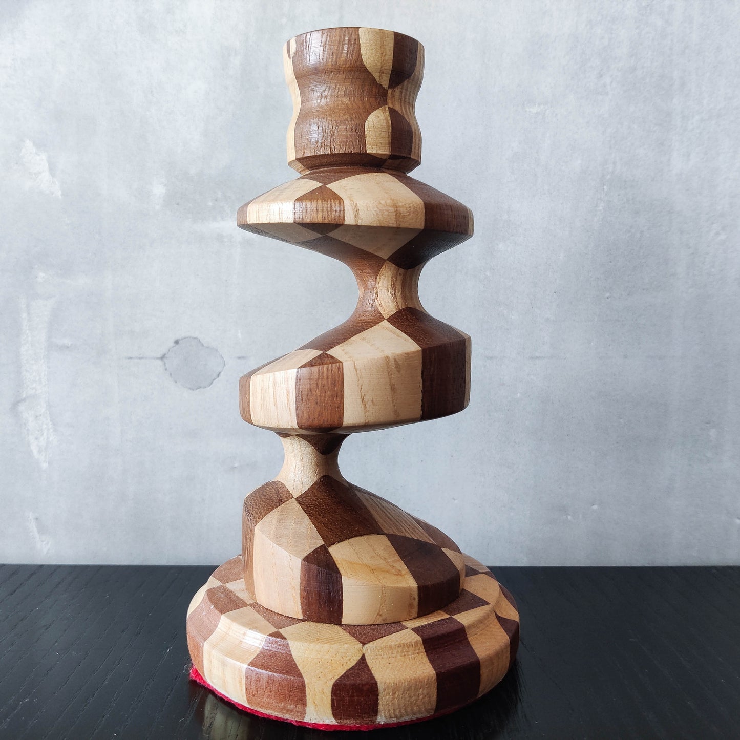 Vintage lathe turned artisan made checkered offset hardwood wood candle holders