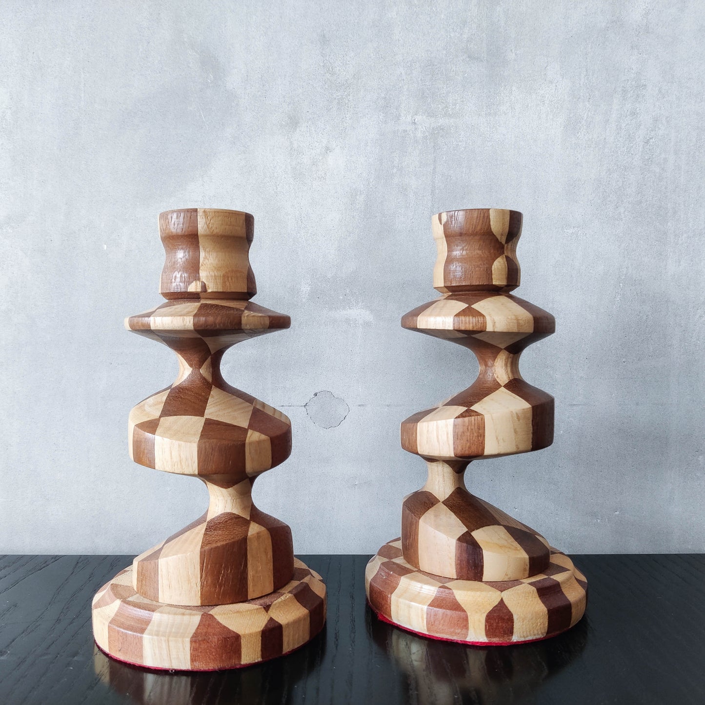 Vintage lathe turned artisan made checkered offset hardwood wood candle holders