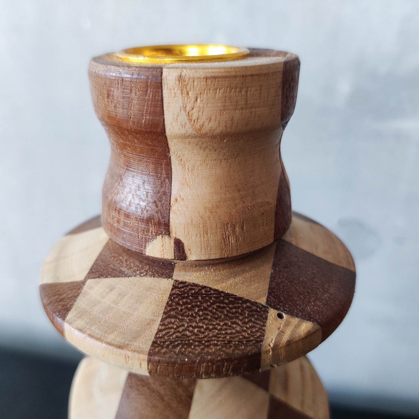 Vintage lathe turned artisan made checkered offset hardwood wood candle holders