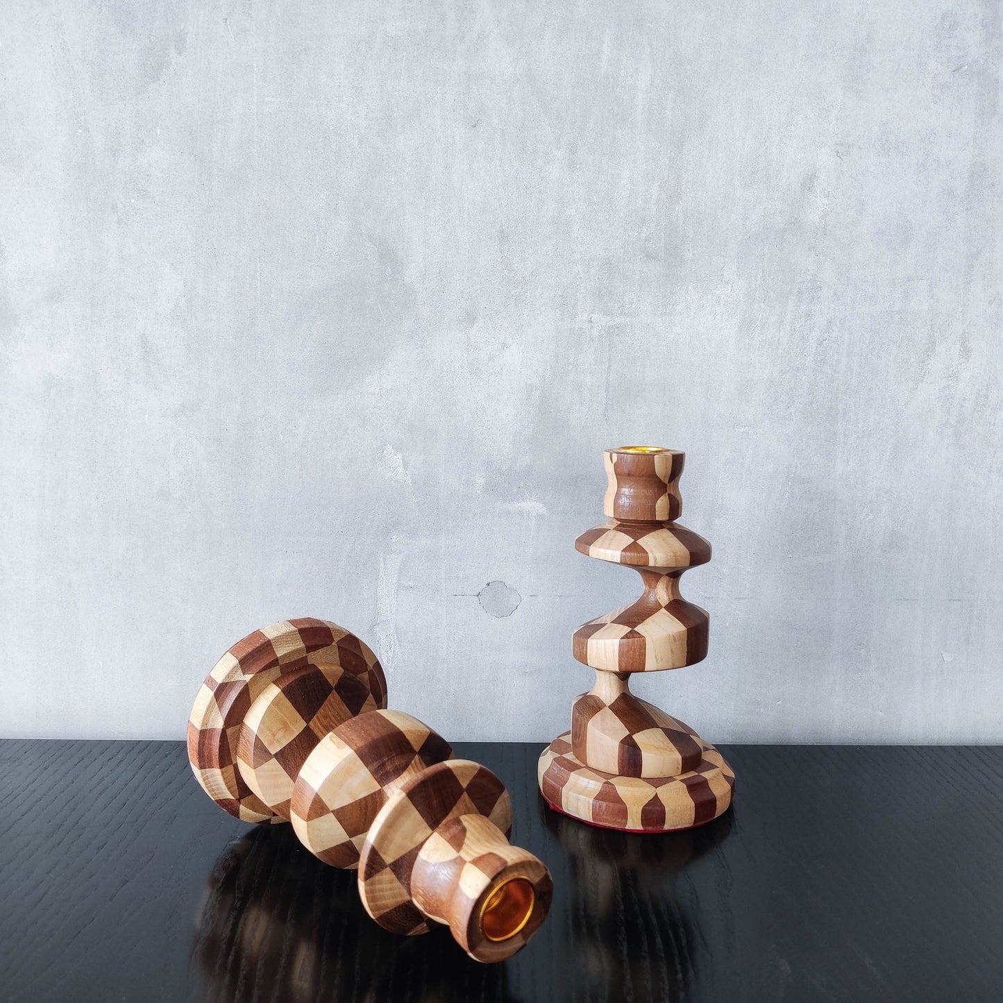 Vintage lathe turned artisan made checkered offset hardwood wood candle holders