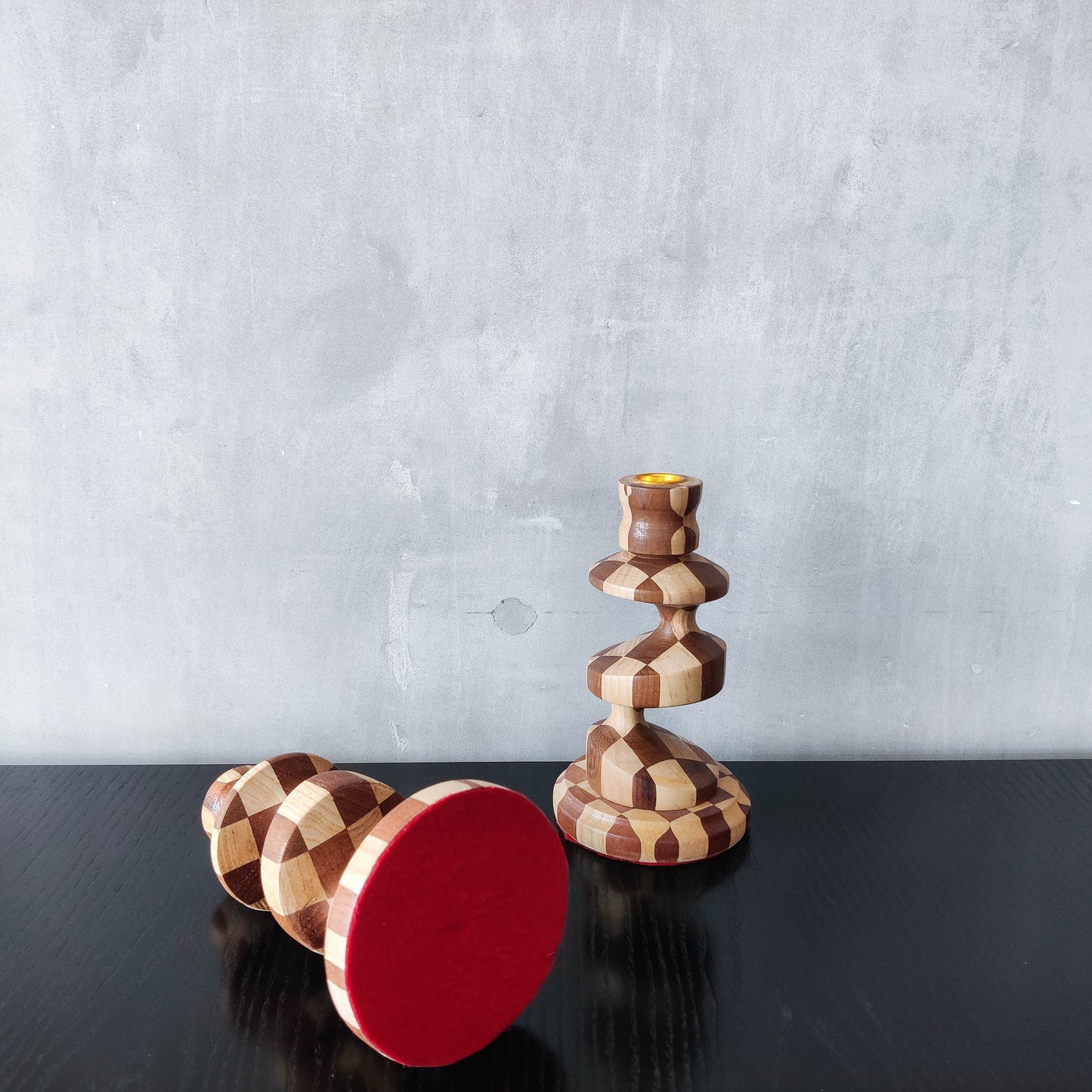 Vintage lathe turned artisan made checkered offset hardwood wood candle holders