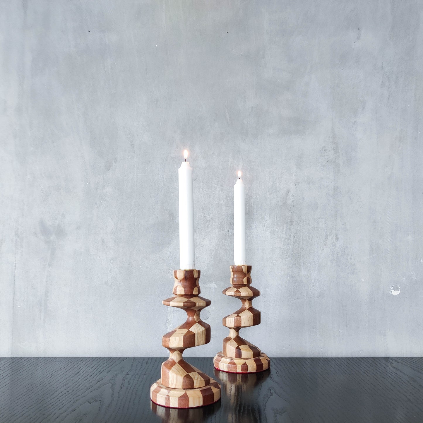 Vintage lathe turned artisan made checkered offset hardwood wood candle holders