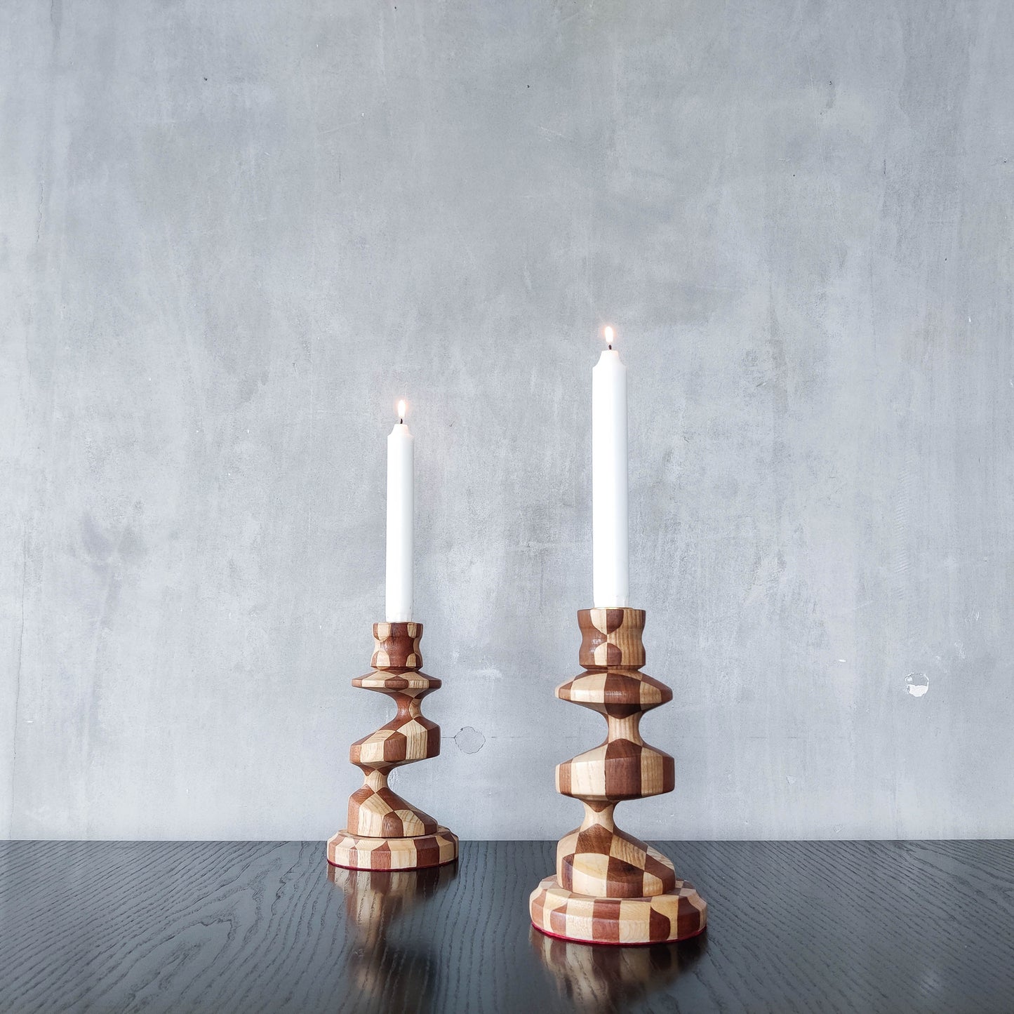 Vintage lathe turned artisan made checkered offset hardwood wood candle holders
