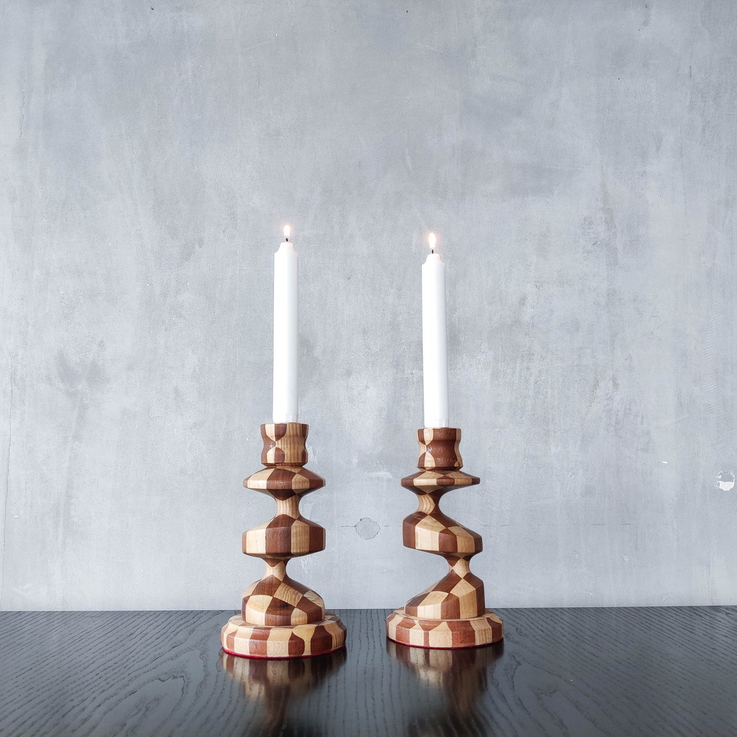 Vintage lathe turned artisan made checkered offset hardwood wood candle holders