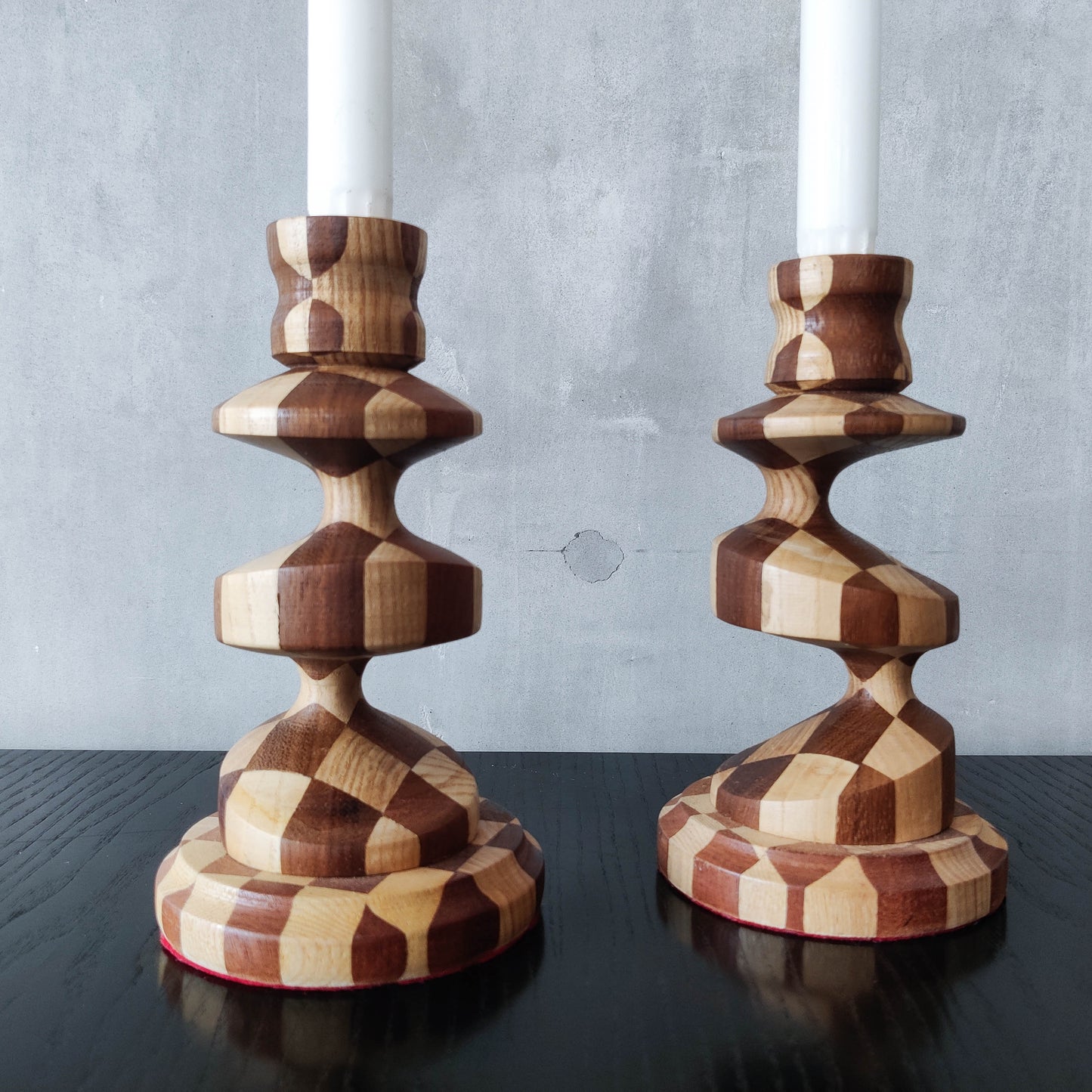 Vintage lathe turned artisan made checkered offset hardwood wood candle holders