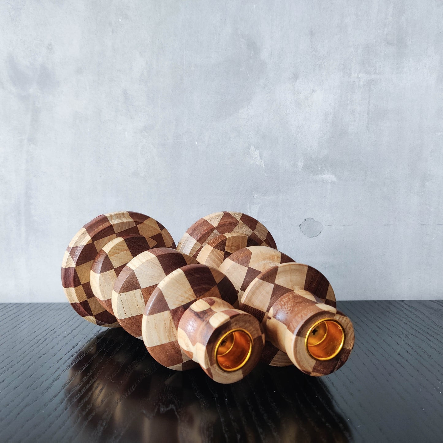 Vintage lathe turned artisan made checkered offset hardwood wood candle holders