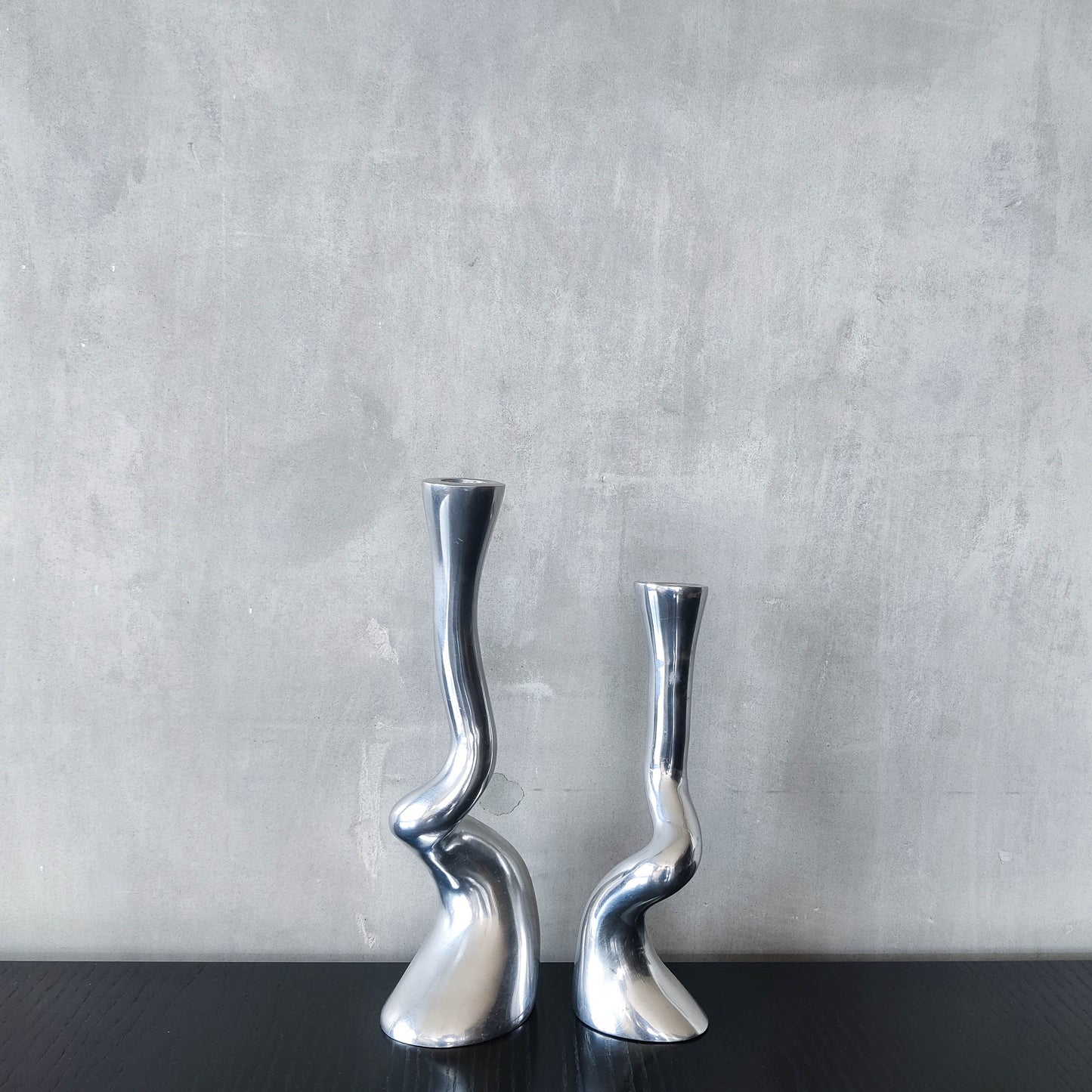 Pair cast aluminium vintage brutalist style sculptural candle holders silver ART3 style