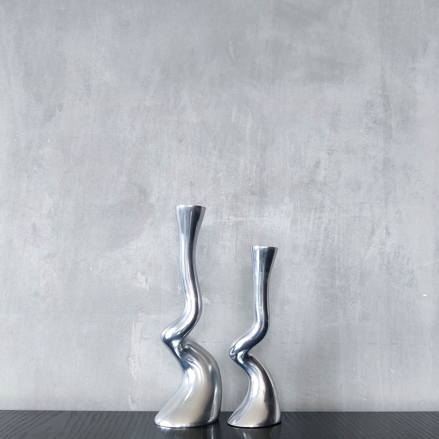 Pair cast aluminium vintage brutalist style sculptural candle holders silver ART3 style