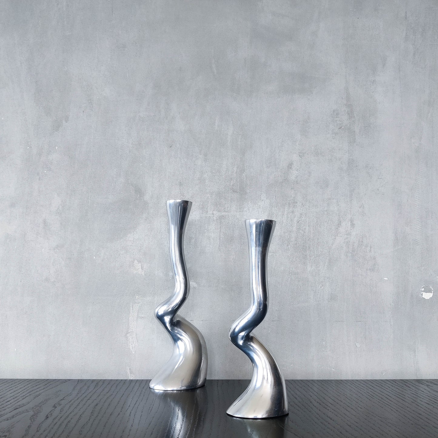 Pair cast aluminium vintage brutalist style sculptural candle holders silver ART3 style