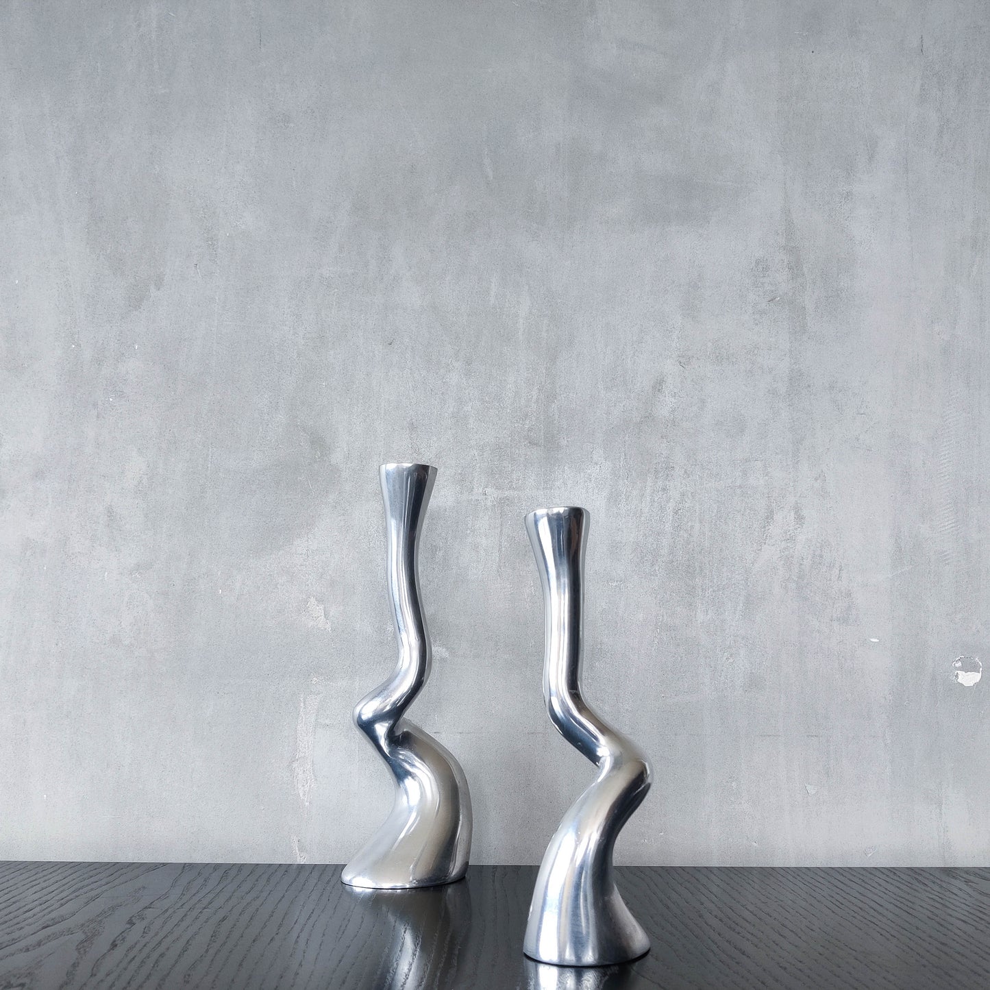 Pair cast aluminium vintage brutalist style sculptural candle holders silver ART3 style