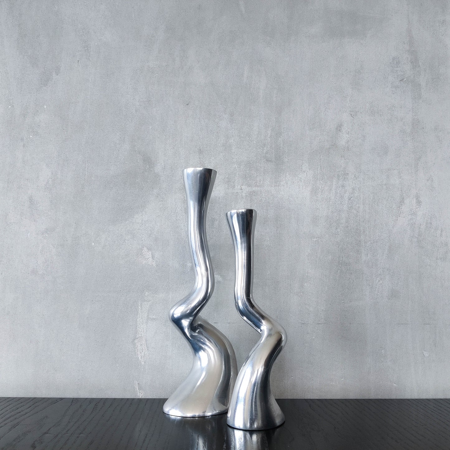 Pair cast aluminium vintage brutalist style sculptural candle holders silver ART3 style