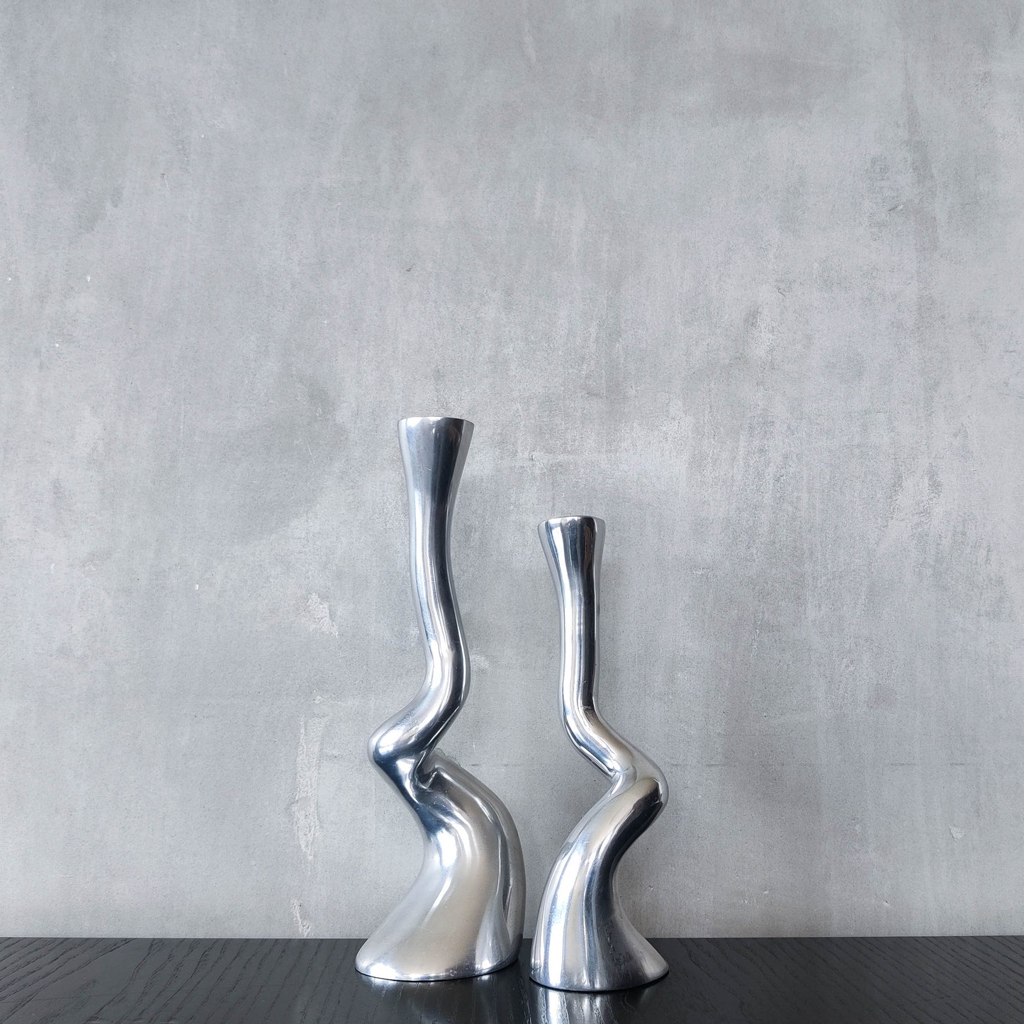 Pair cast aluminium vintage brutalist style sculptural candle holders silver ART3 style