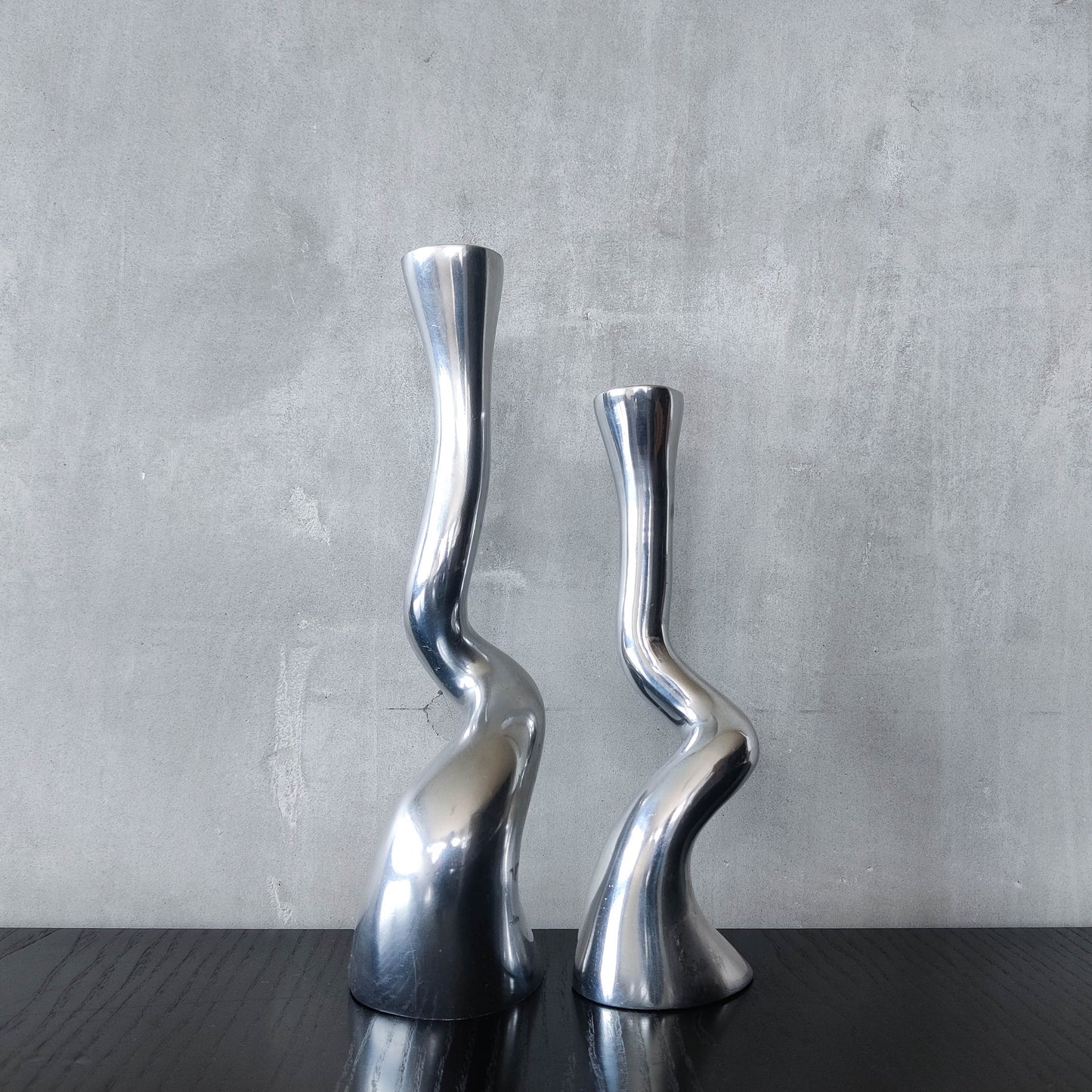 Pair cast aluminium vintage brutalist style sculptural candle holders silver ART3 style