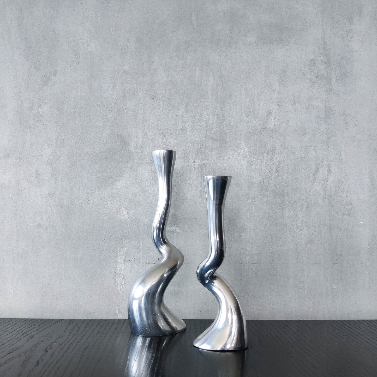 Pair cast aluminium vintage brutalist style sculptural candle holders silver ART3 style