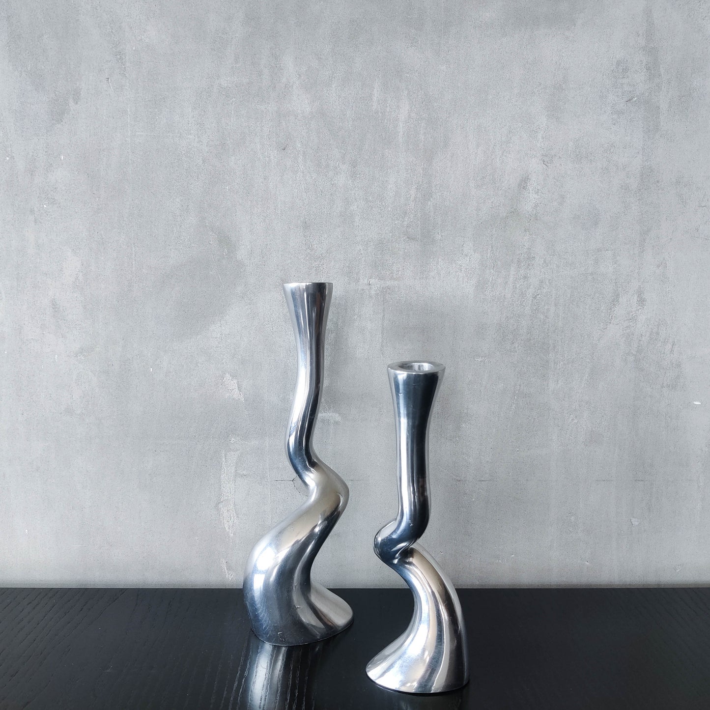 Pair cast aluminium vintage brutalist style sculptural candle holders silver ART3 style