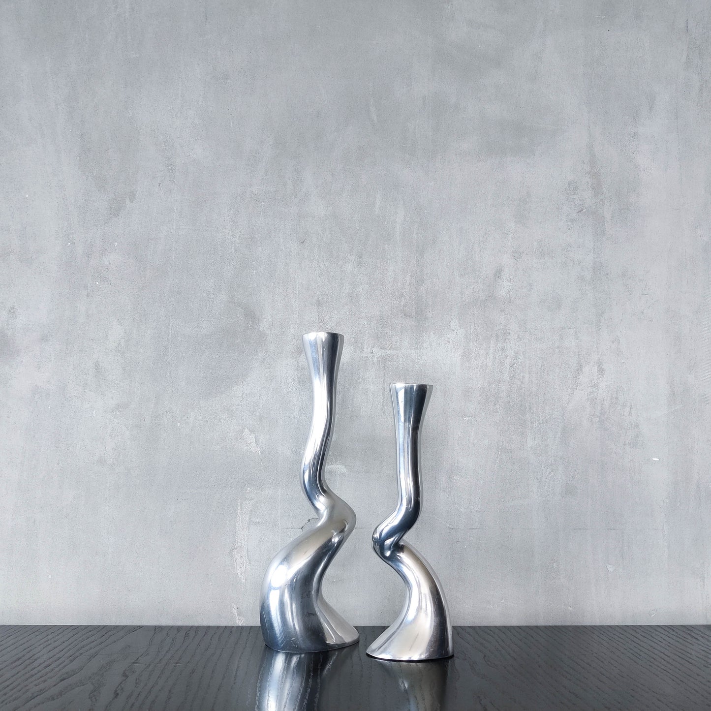 Pair cast aluminium vintage brutalist style sculptural candle holders silver ART3 style