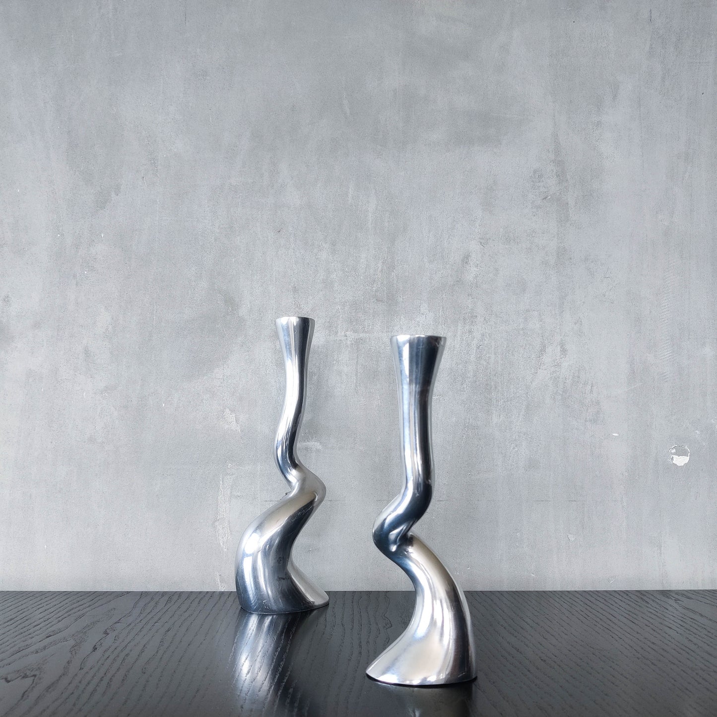 Pair cast aluminium vintage brutalist style sculptural candle holders silver ART3 style