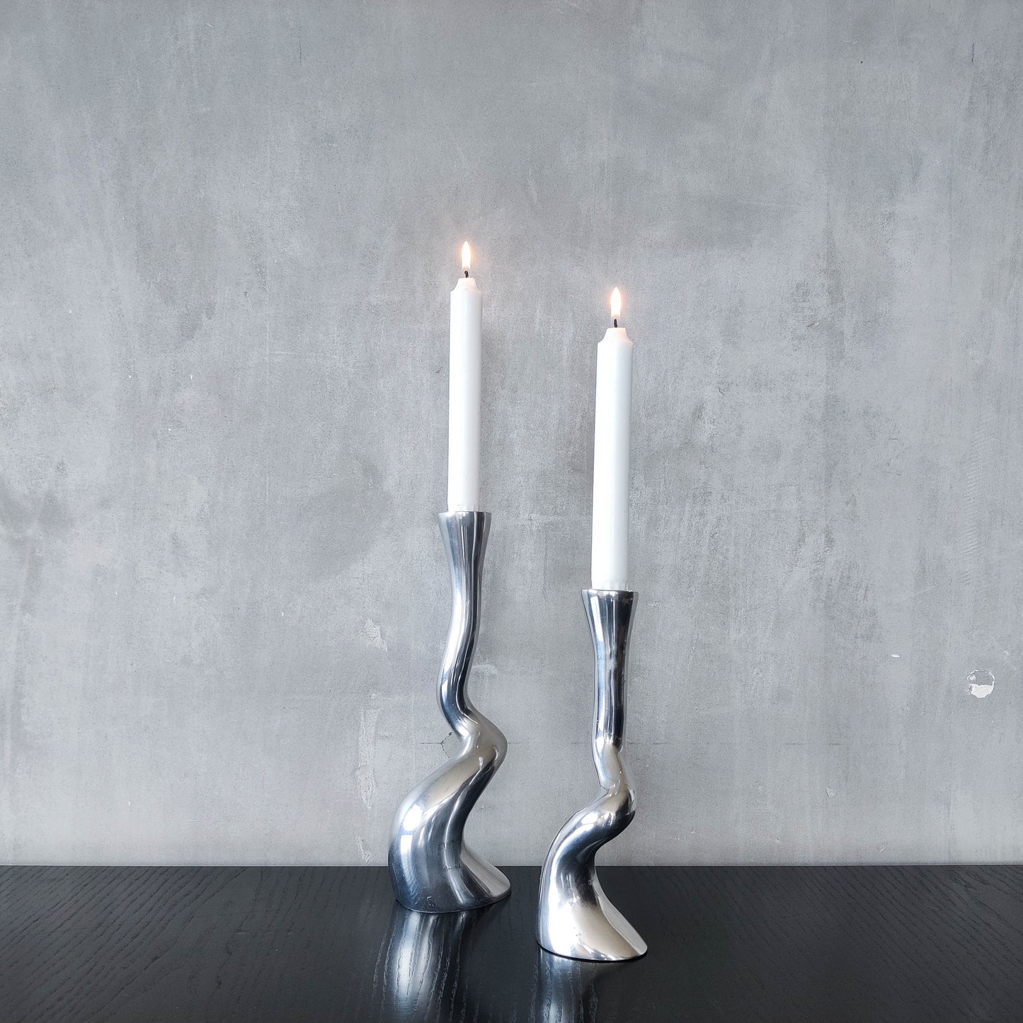 Pair cast aluminium vintage brutalist style sculptural candle holders silver ART3 style