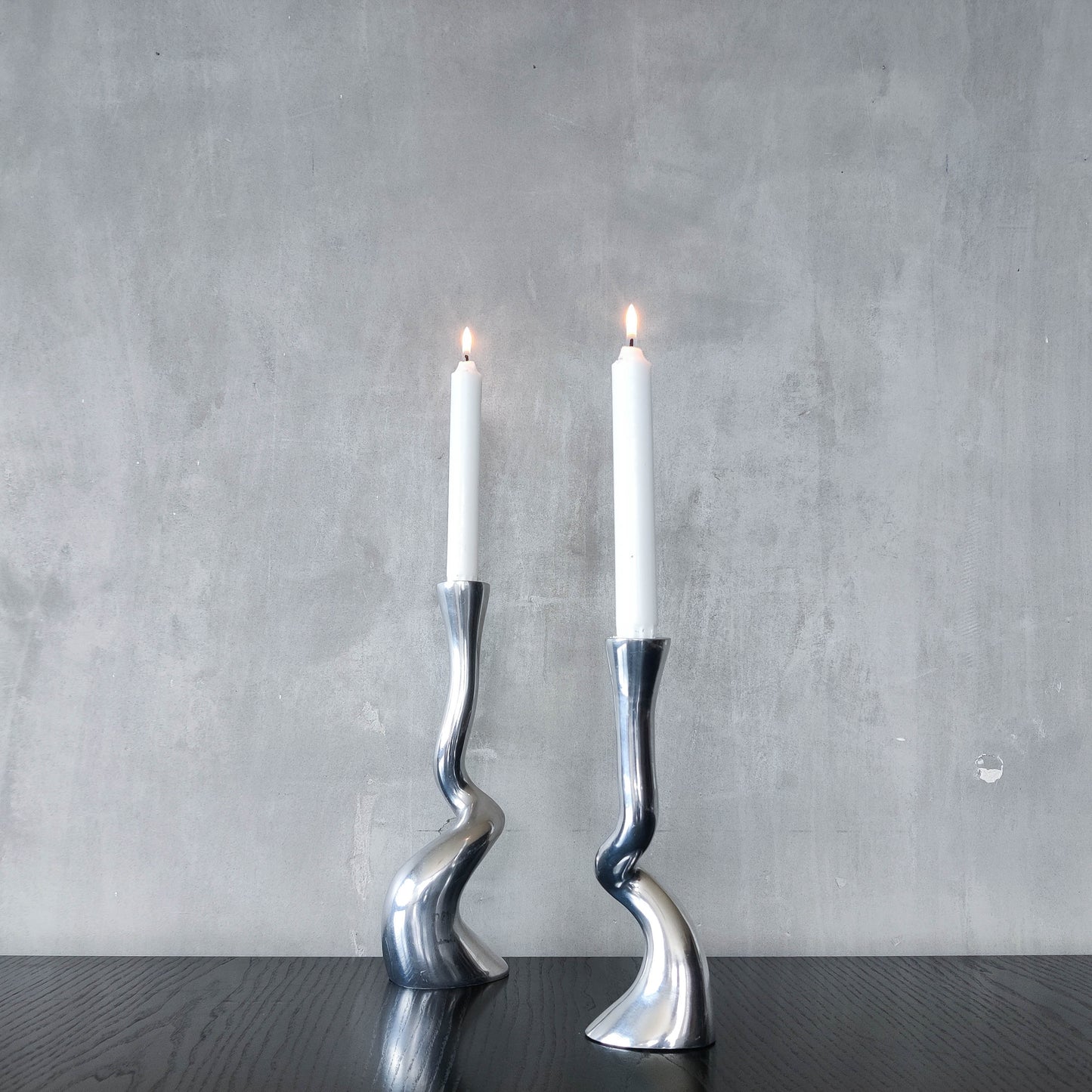 Pair cast aluminium vintage brutalist style sculptural candle holders silver ART3 style