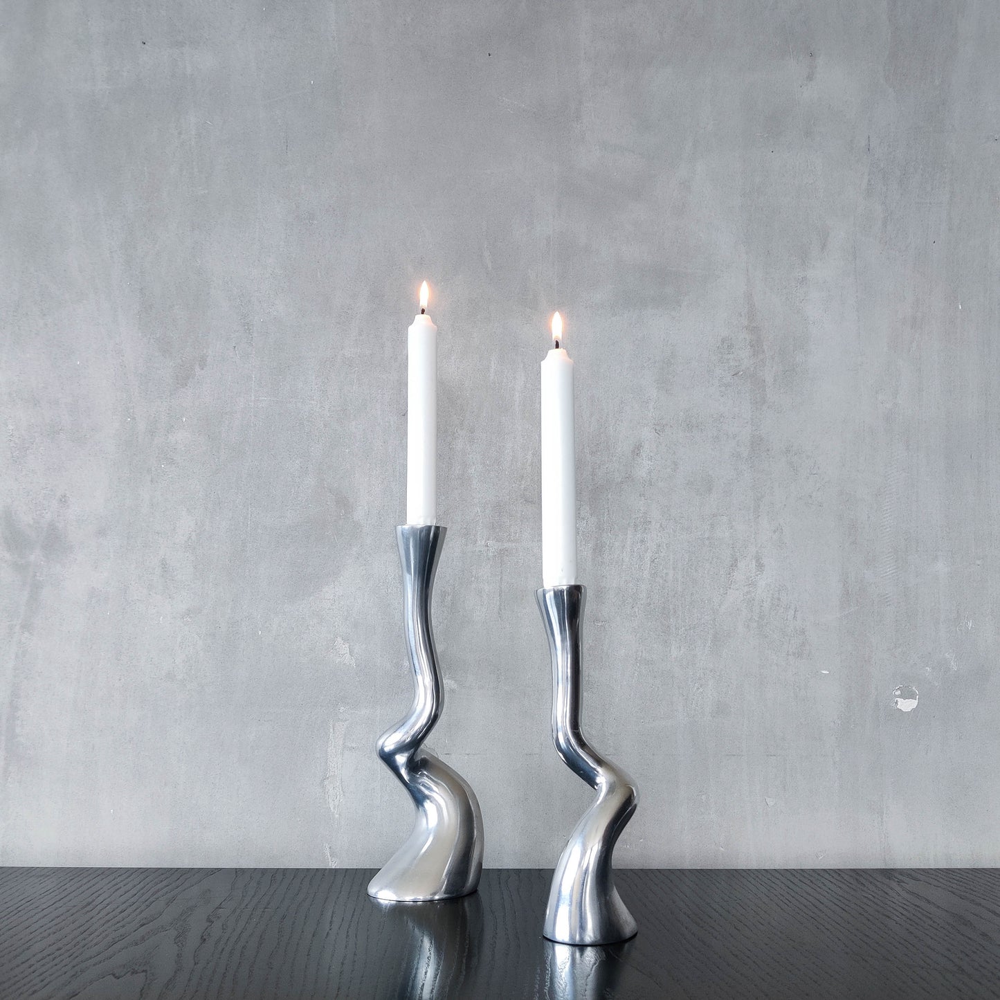 Pair cast aluminium vintage brutalist style sculptural candle holders silver ART3 style