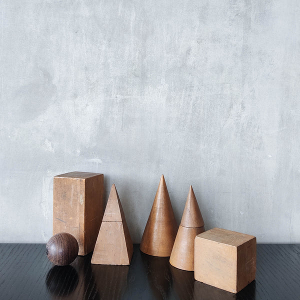 Vintage 1950s set of wooden teaching drawing models geometric solids shapes