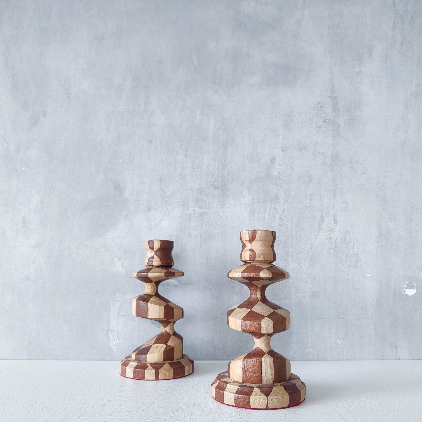 Vintage lathe turned artisan made checkered offset hardwood wood candle holders