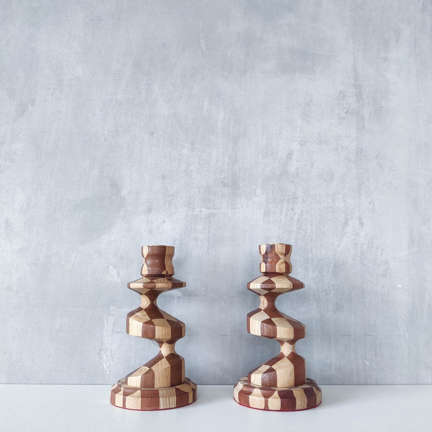 Vintage lathe turned artisan made checkered offset hardwood wood candle holders