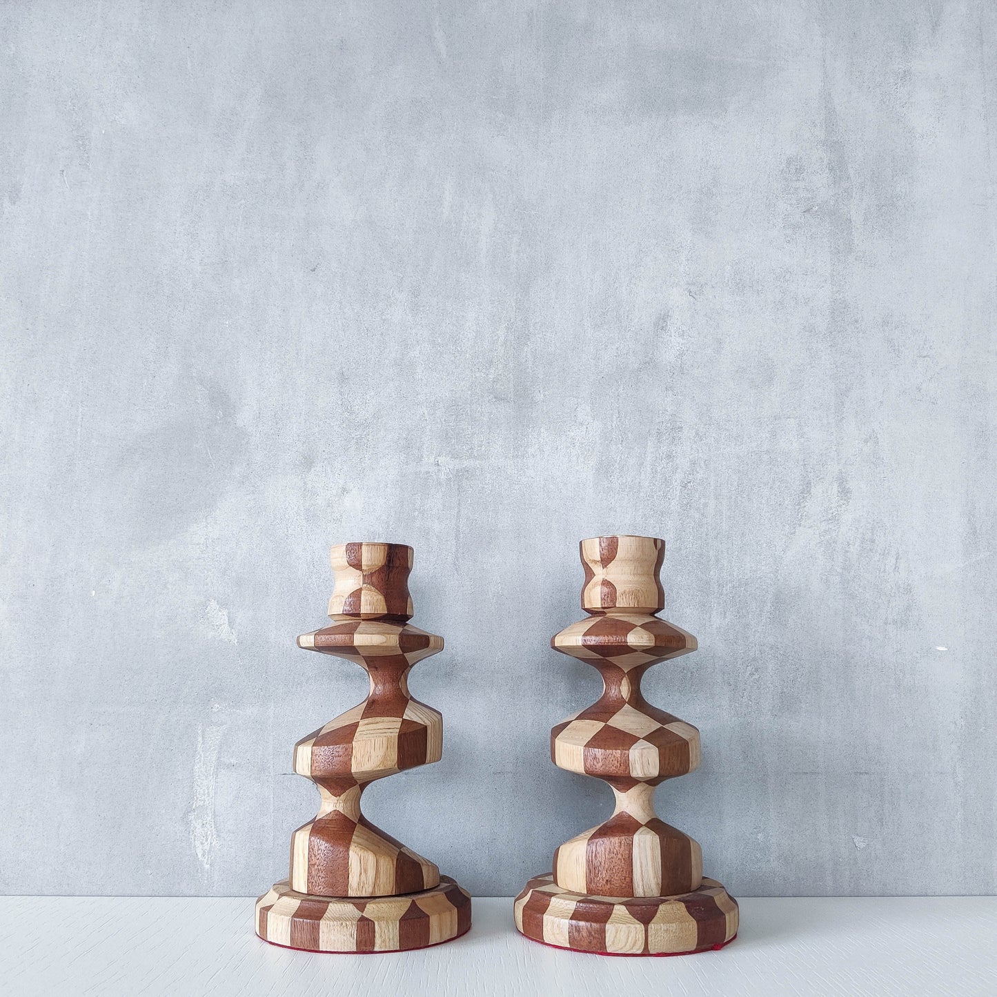 Vintage lathe turned artisan made checkered offset hardwood wood candle holders