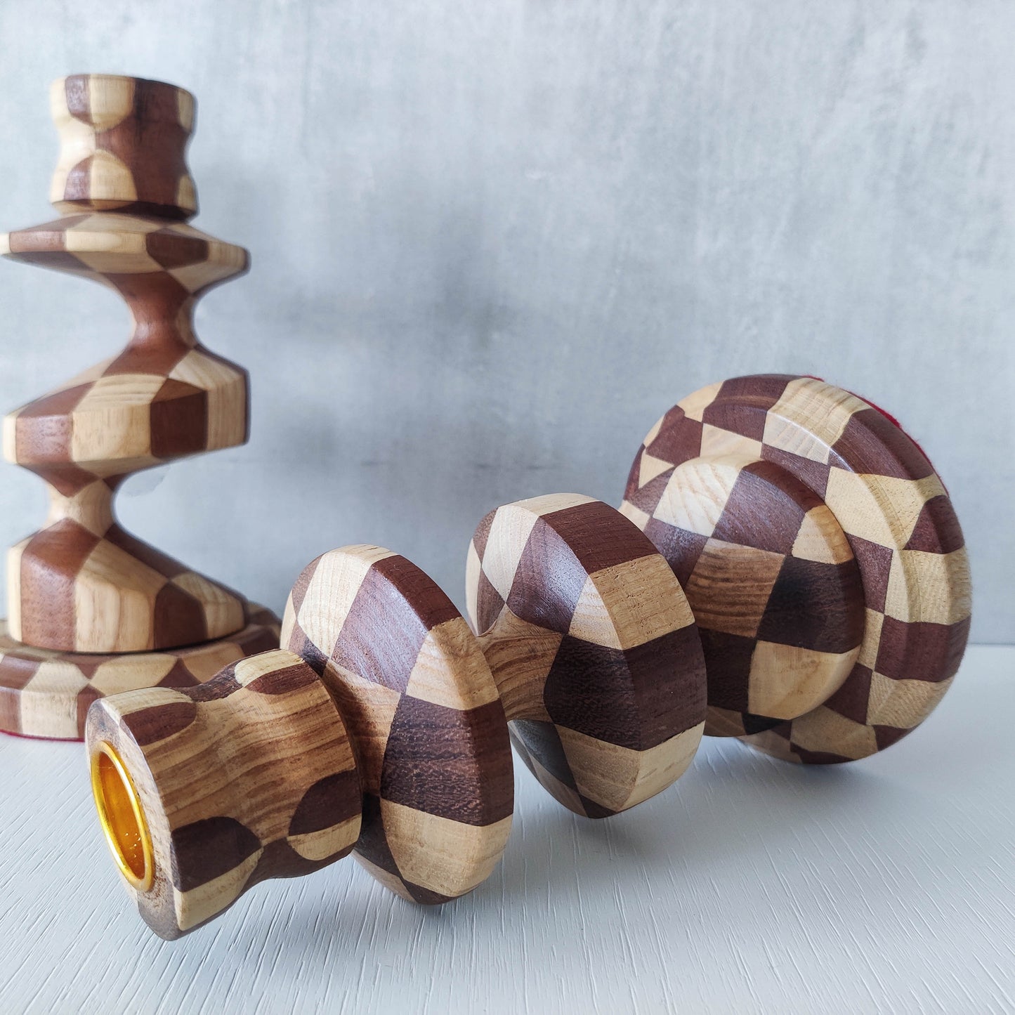 Vintage lathe turned artisan made checkered offset hardwood wood candle holders