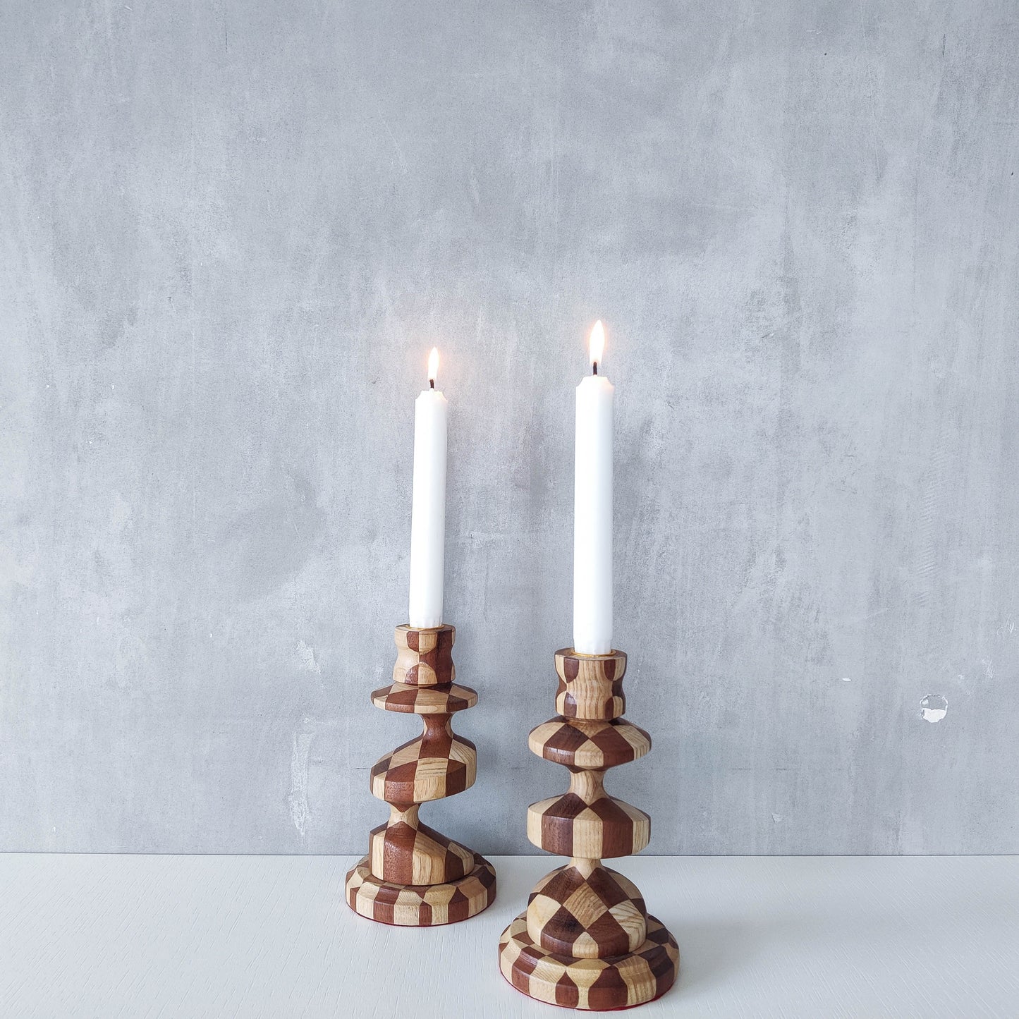 Vintage lathe turned artisan made checkered offset hardwood wood candle holders