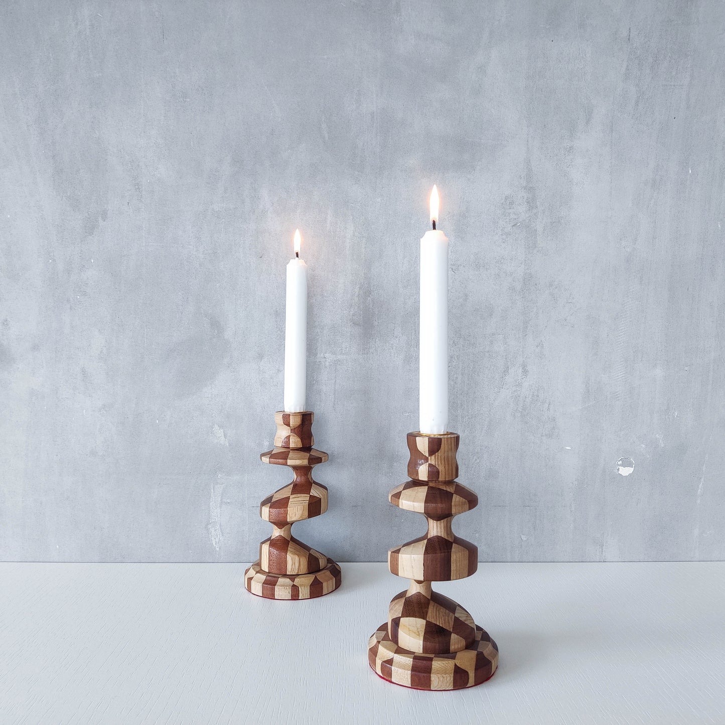 Vintage lathe turned artisan made checkered offset hardwood wood candle holders
