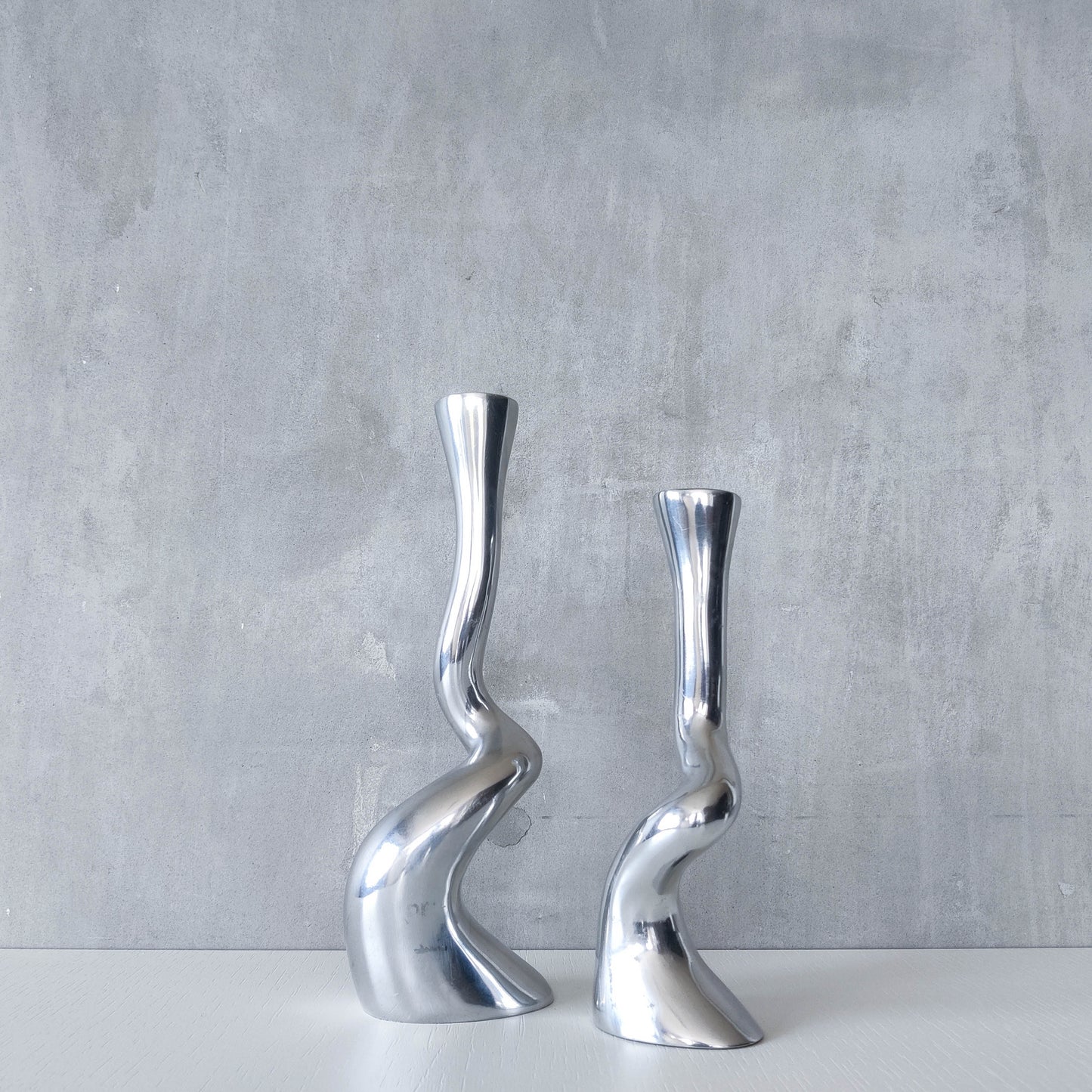 Pair cast aluminium vintage brutalist style sculptural candle holders silver ART3 style