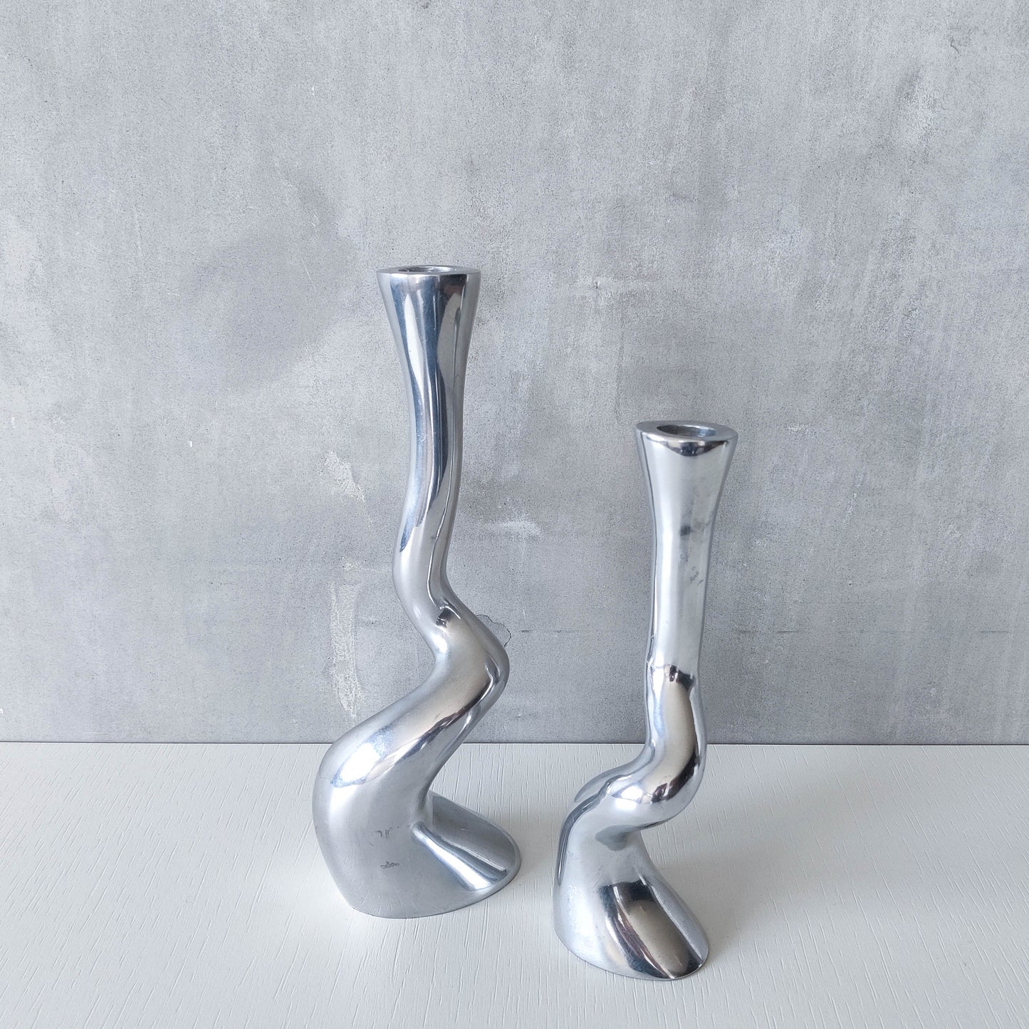 Pair cast aluminium vintage brutalist style sculptural candle holders silver ART3 style