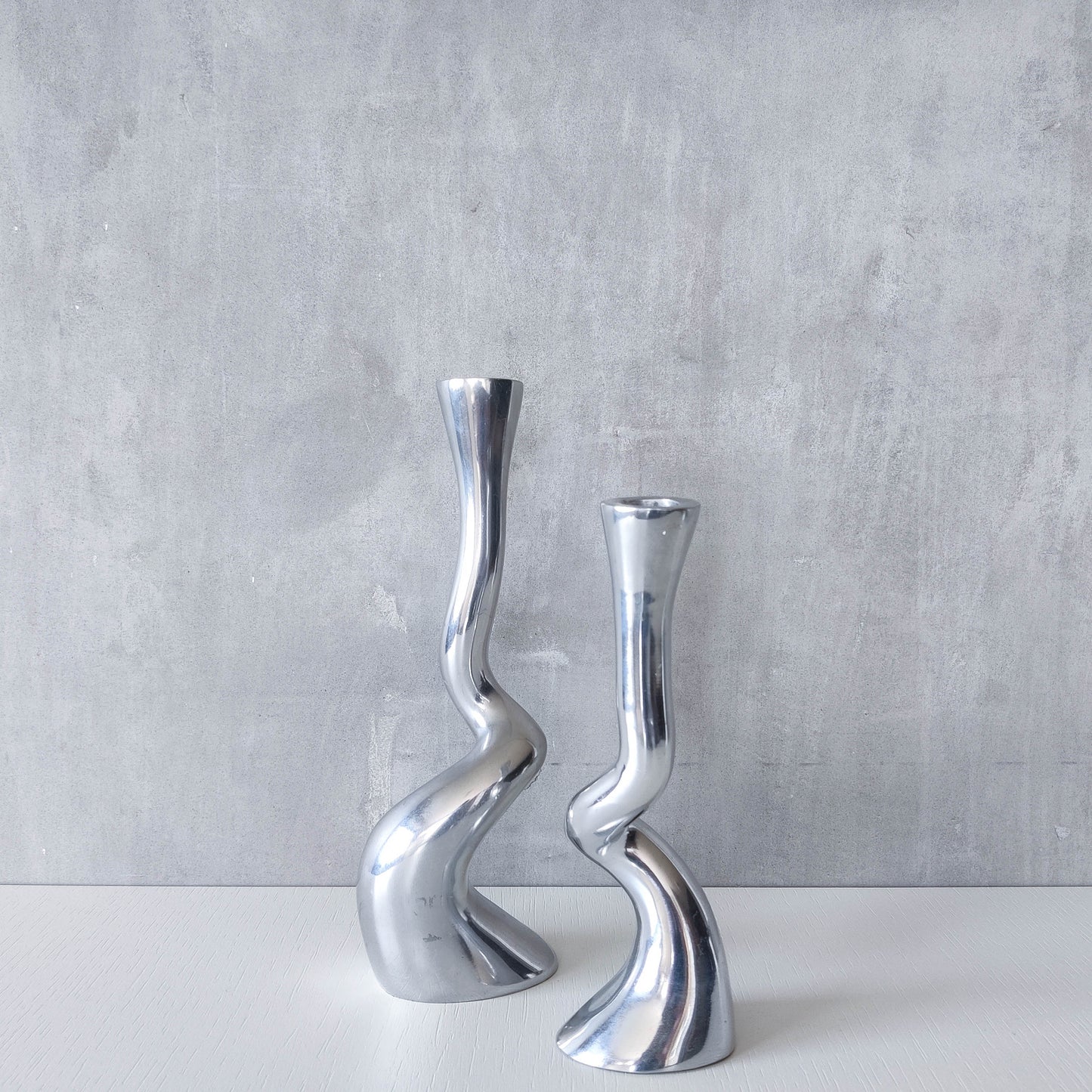 Pair cast aluminium vintage brutalist style sculptural candle holders silver ART3 style