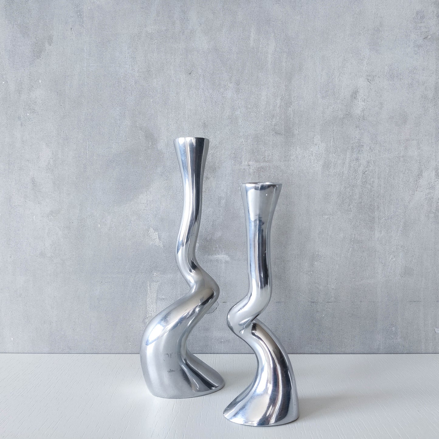 Pair cast aluminium vintage brutalist style sculptural candle holders silver ART3 style