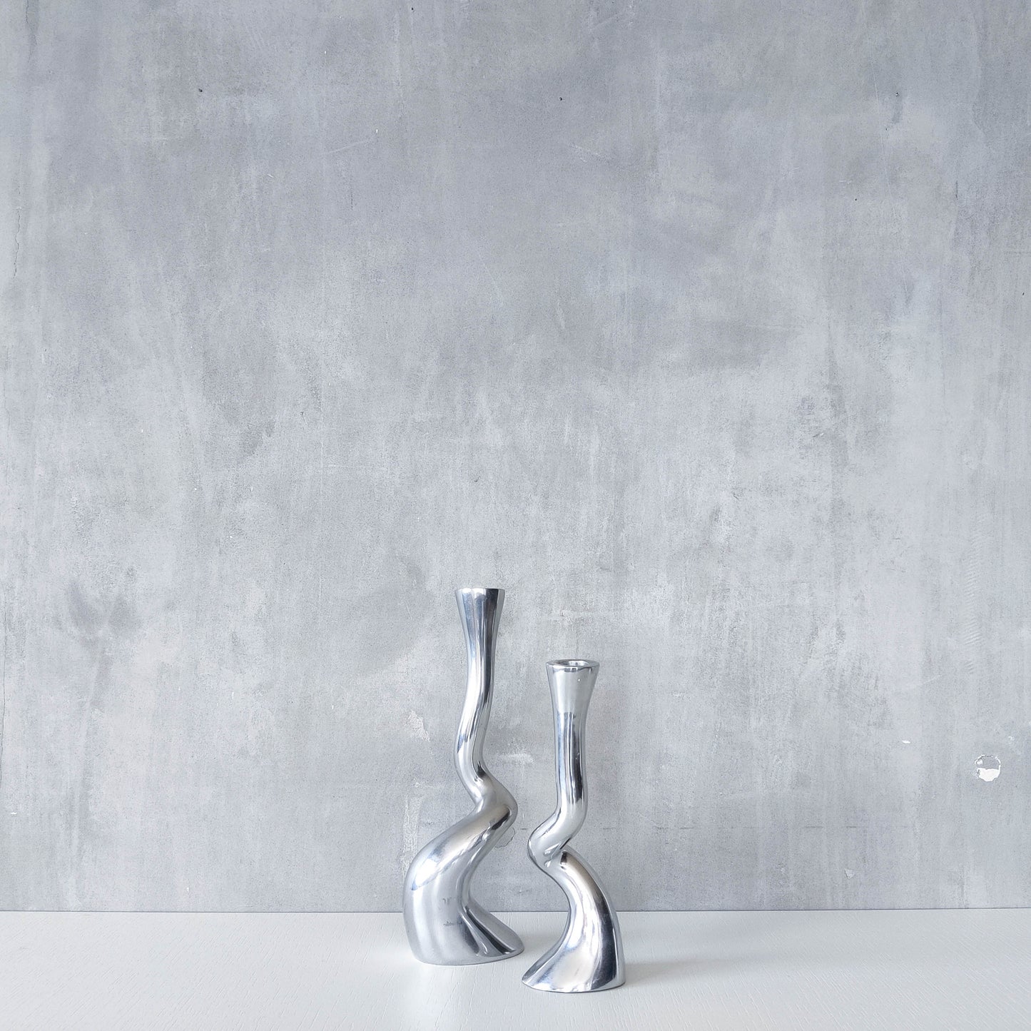 Pair cast aluminium vintage brutalist style sculptural candle holders silver ART3 style