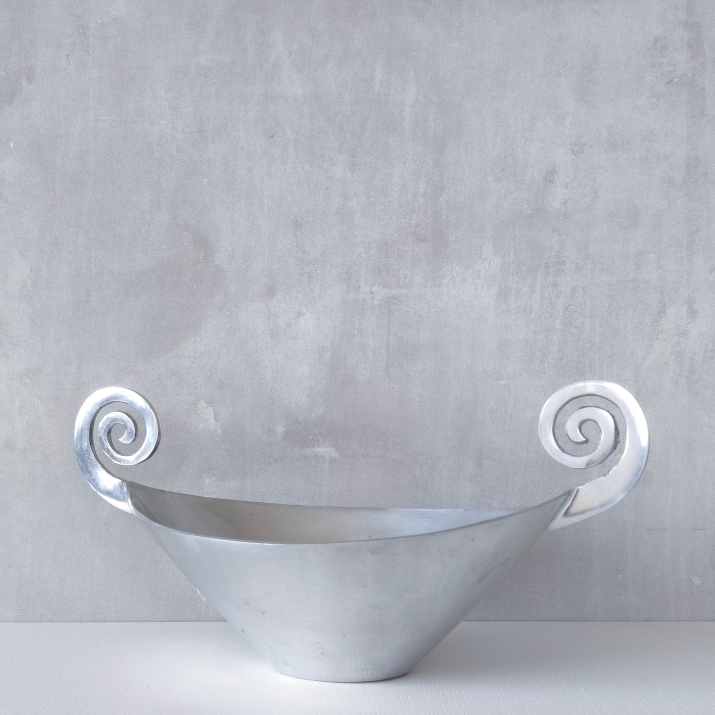 Vintage 90s cast aluminium spiral handled fruit bowl dish centrepiece silver